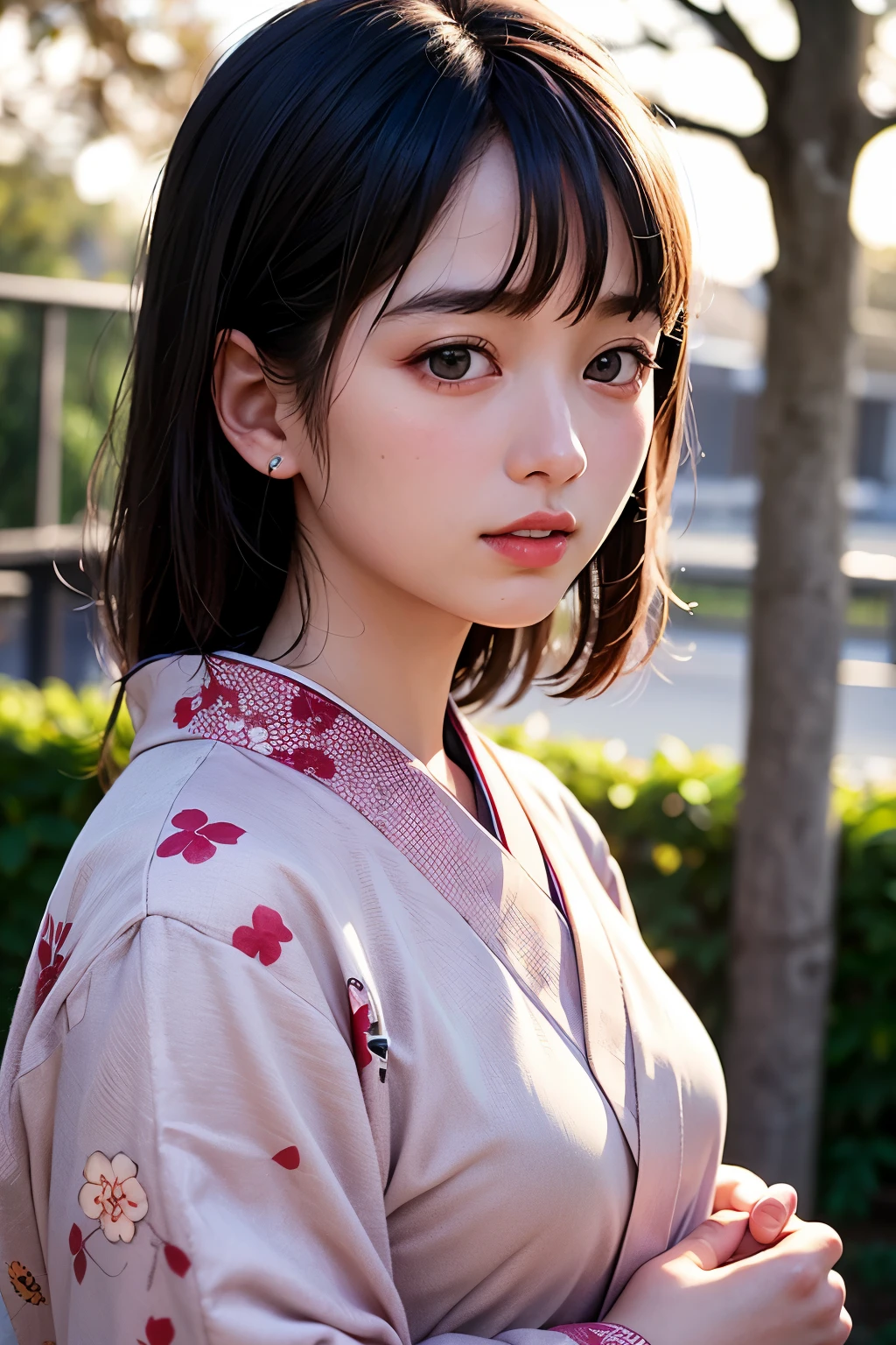(1 nogizaka girl,16yo,teenager,raw photo,photo realistic:1.5),(best quality, high quality,HDR, highest quality,ultra high resolution,high resolution,high res,ultra high difinition,huge file size,8K,2K wallpaper,8K wallpaper,high quality texture,amazing,an extremely delicate:1.4),one girl, Japanese famous idol,beautiful face,small face,absurd,ridiculous,incredibly ridiculous,portrait,breasts close up,blurry background,(kimono,natural makeup:1.3),medium skin,beautiful skin,small head,black hair,silky hair,(Japanese eyes:1.3),black eyes,small eyes,cute eyes,Japanese idol eyes,Japanese nose,(eyebrow:-0.5),(Light Particles, Lens Flare, Luminous Particles: 0.7),looking at viewer,bright lighting,professional lighting,girl