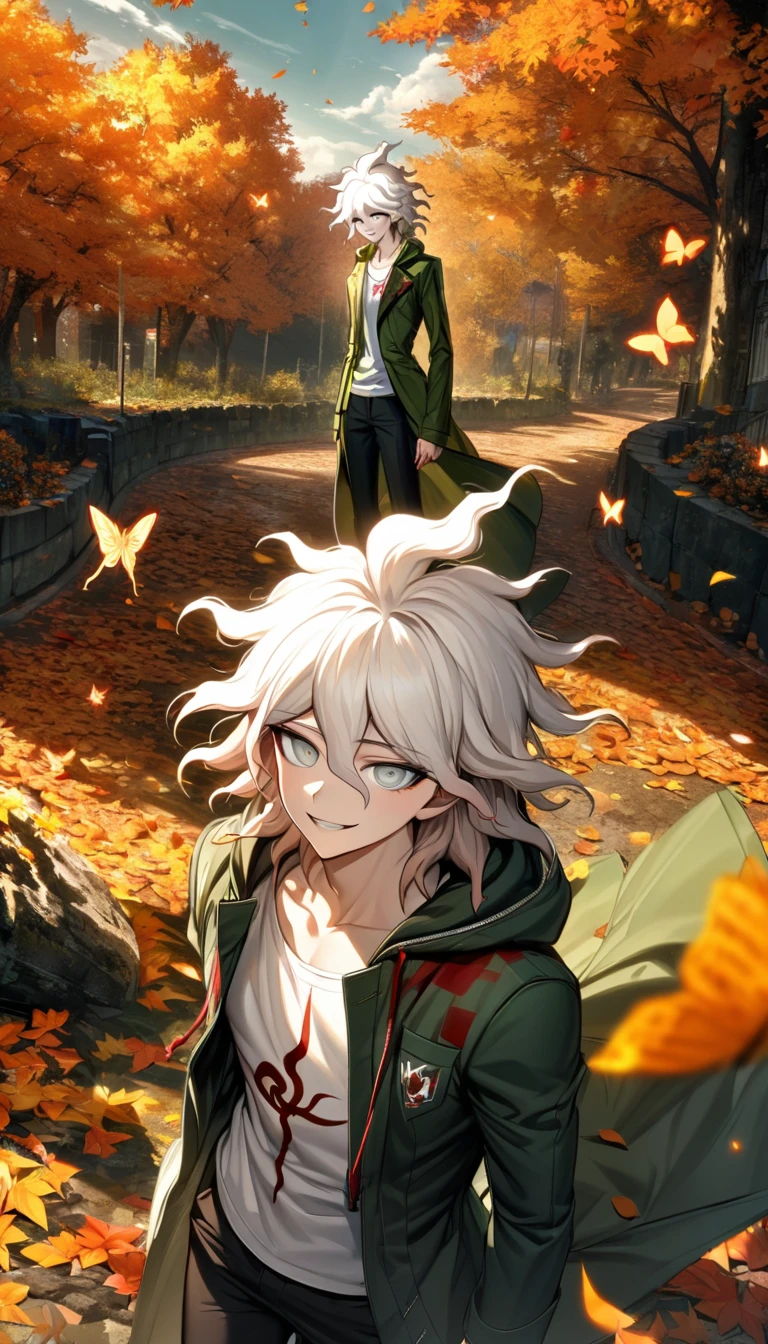 Ultra detailed, highres, absurdres, HDR, Komaeda Nagito, white hair, silver eyes, Danganronpa 2, green long coat, 1 man only, handsome, white t-shirt, autumn, black pants, flowers and petals, orange leaves, butterflies, smirking