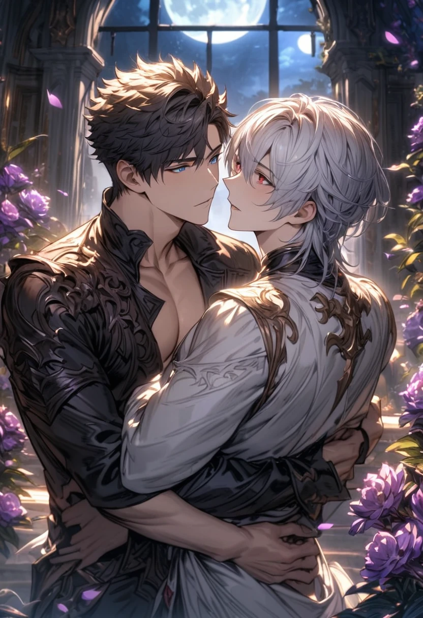 absurdres, highres, ultra detailed, HDR), masterpiece, Lucilius, white hair with bangs, white tunic, expressive blue eyes, Belial, black short hair, hair between the eyes, expressive red eyes, black clothes, 2men together, gay couple, handsome, granblue fantasy, purple flowers, purple petals, moon, window