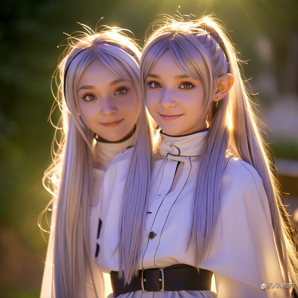 1 girl, (masterpiece:1.3), (High resolution), (8K), (very detailed), (4k), (pixiv), perfect face, Beautiful eyes and face, (highest quality), (Super detailed), detailed face and eyes, (alone), rough skin, disorganized, High resolution, Uzu_fast_no_freezing_style, Uzu_fast_no_freezing_style, twin tails, very long hair, silver hair, pointed ears, goblin, white capelet, green eyes, black pantyhose, earrings, white skirt, belt, white sleeves, throw, sgoblinie, light, smile, light rays, sunlight, butterfly, Grass, stone street