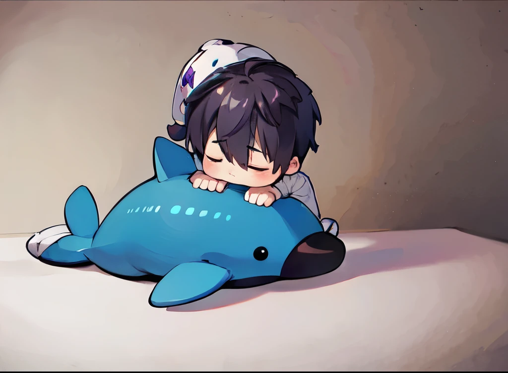 Asian boy, Shota, stuffed dolphin, Hair (((gris))), ((sleepy face))