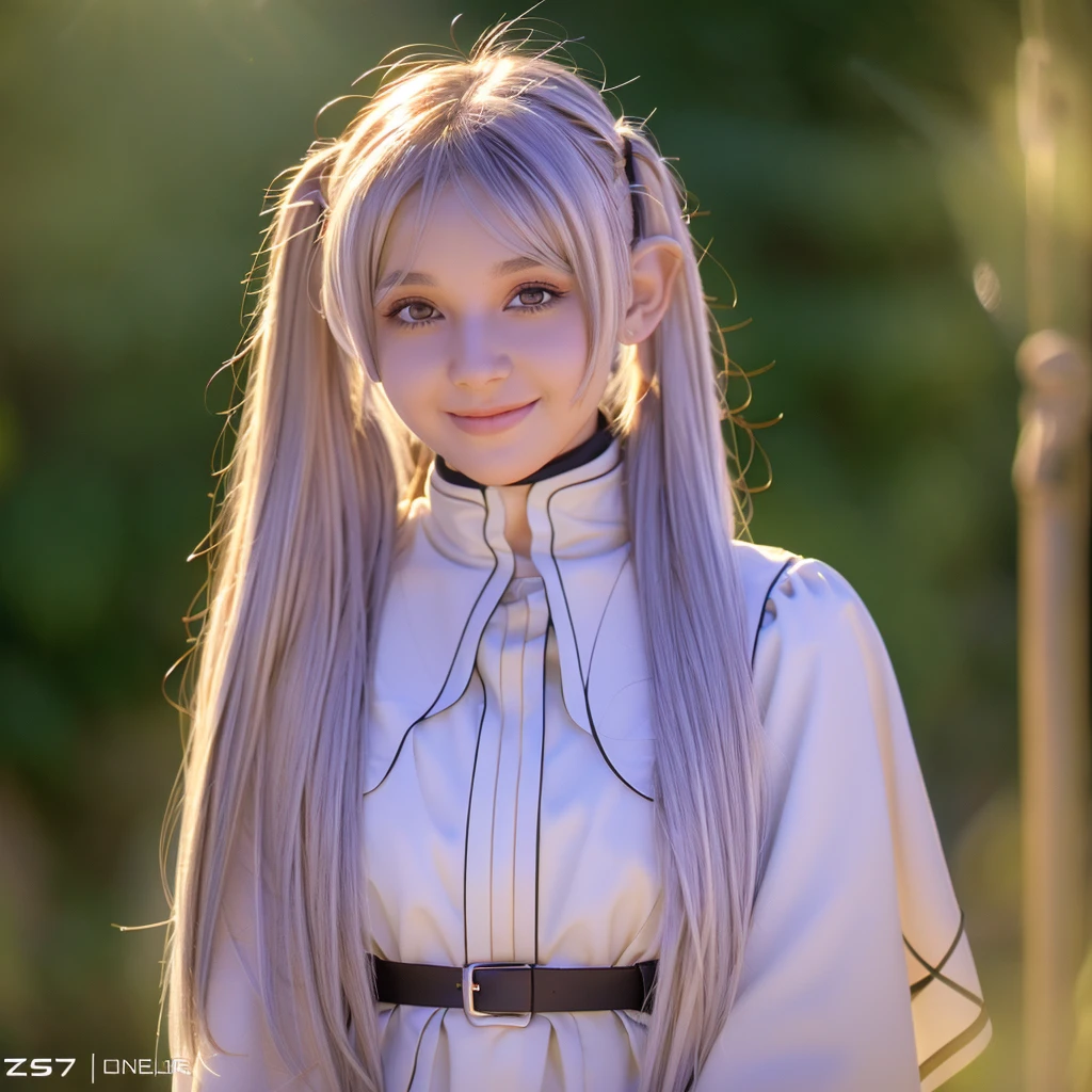 1 girl, (masterpiece:1.3), (High resolution), (8K), (very detailed), (4k), (pixiv), perfect face, Beautiful eyes and face, (highest quality), (Super detailed), detailed face and eyes, (alone), rough skin, disorganized, High resolution, Uzu_fast_no_freezing_style, Uzu_fast_no_freezing_style, twin tails, very long hair, silver hair, pointed ears, goblin, white capelet, green eyes, black pantyhose, earrings, white skirt, belt, white sleeves, throw, sgoblinie, light, smile, light rays, sunlight, butterfly, Grass, stone street
