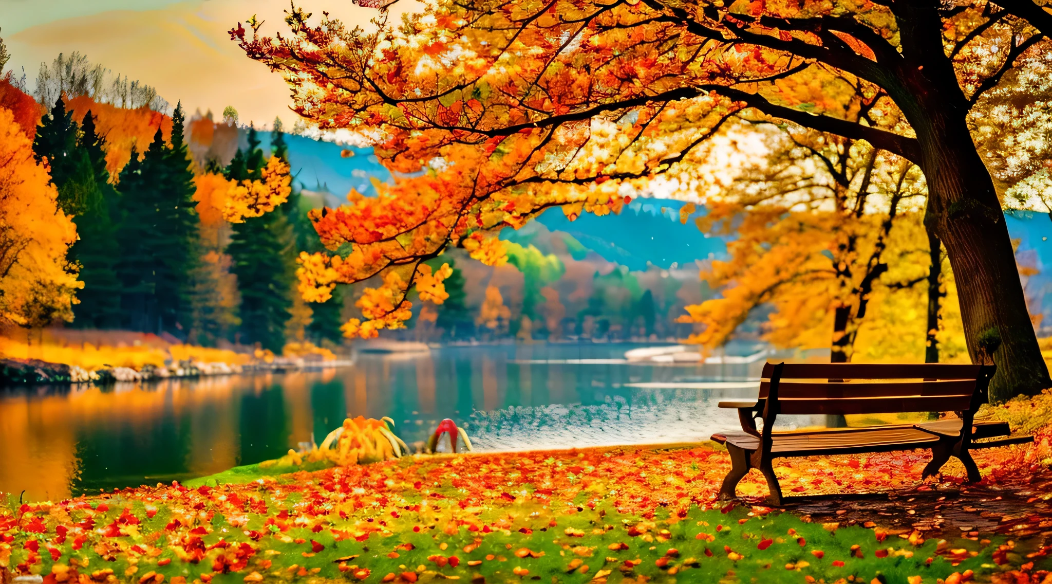 a close up of a bench near a body of water with trees, autumn tranquility, autumn season, scenic colorful environment, nature scenery, during autumn, warm beautiful scene, scenery wallpaper, in the autumn, nature wallpaper, beautiful nature, colorful scene, hd wallpaper, autumn! colors, peaceful environment, beautiful wallpaper, stunning nature in background, beautiful place, vibrant autumn colors