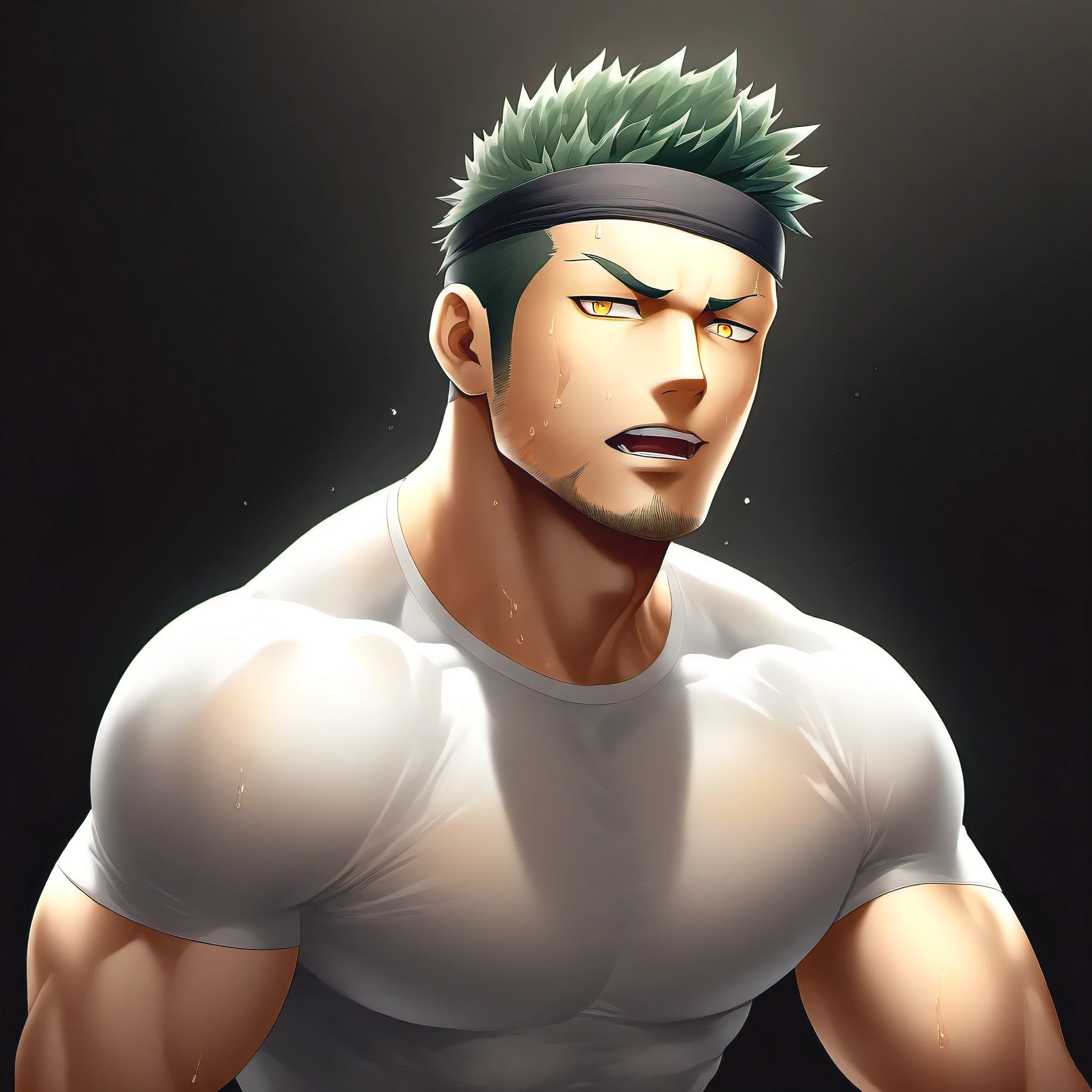 anime characters:priapus, 1 young muscular man, male focus, Sporty black headband, Off-white high collar tight T-shirt, Very sheer tights, Sweat soaked tights, muscular male, muscular, bara, Upper body, alone, white short hair, stubble, yellow eyes, blink, black background, Simple background, amazing quality, best aesthetics, ridiculous, bright pupils, short hair, naughty face, torogao, open lips, best quality