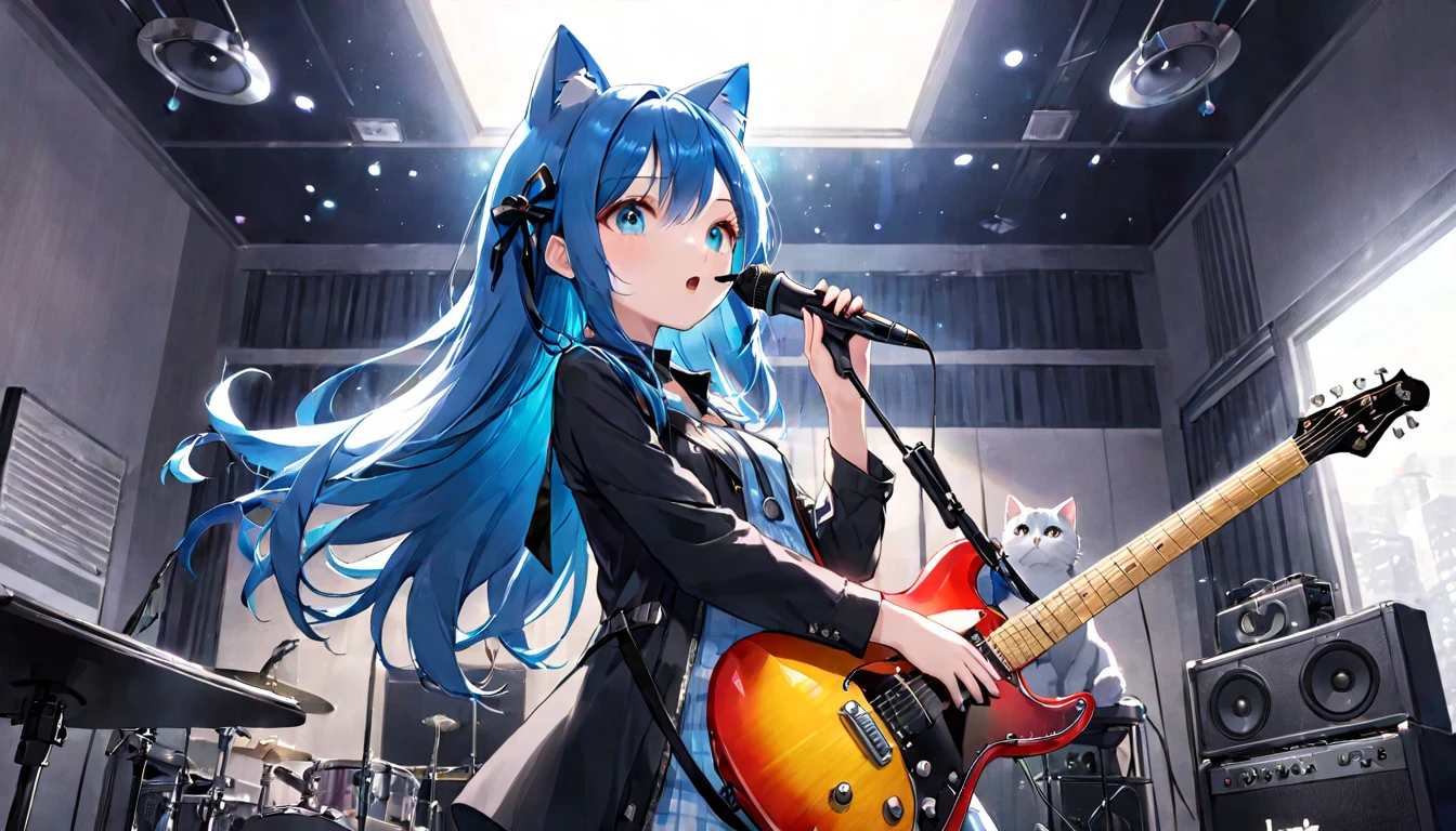 (1girl)、music room、girl playing electric guitar、Girl speaking into microphone stand、Cat ear、Clear eyes、Depicting a scene from a perspective looking up