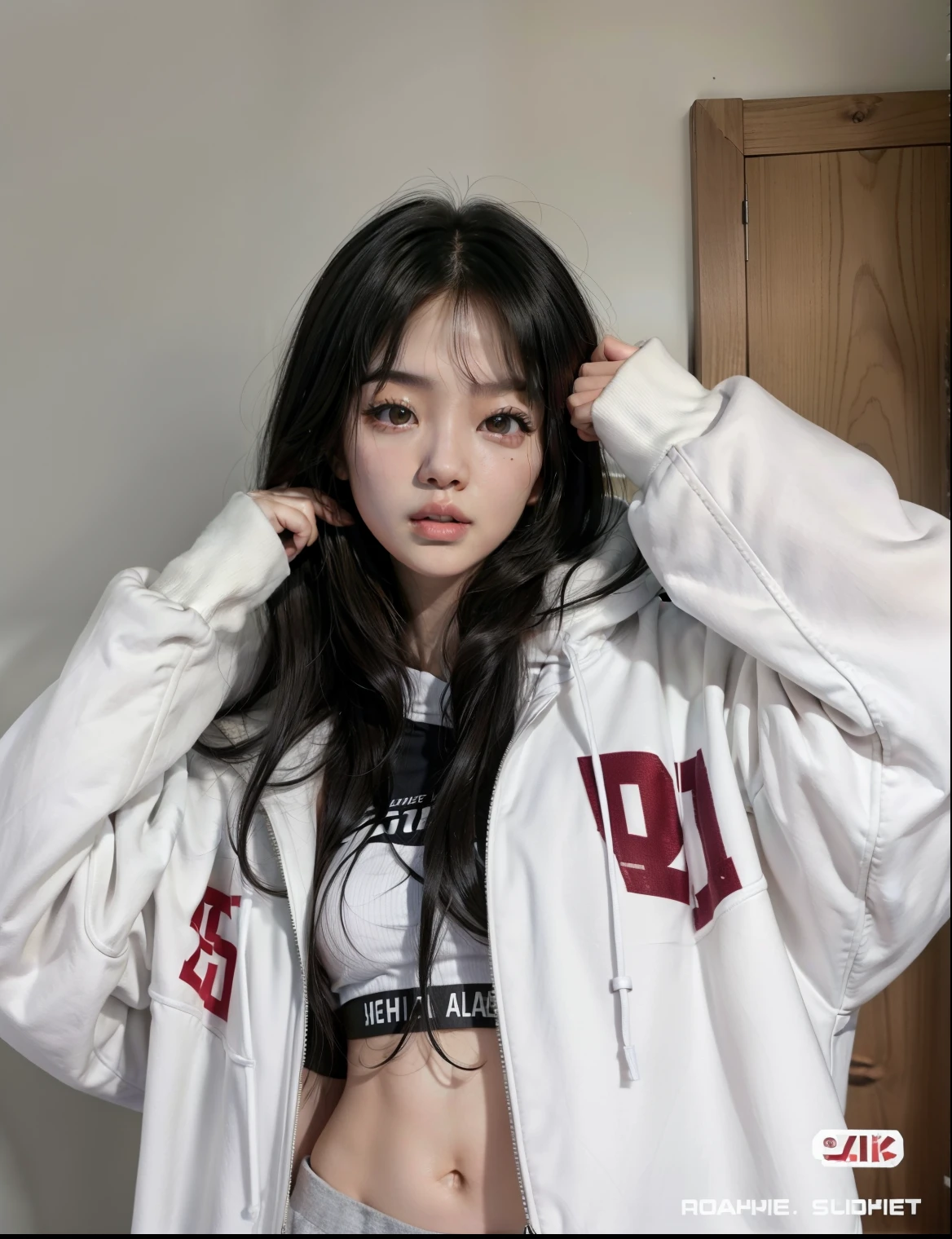 Arafed Asian woman wearing a white hoodie posing for a photo, jennie rosa negro, ulzzang, portrait of jossi de blackpink, muchacha coreana, chica con sudadera con capucha, jossi de blackpink, black haired chica con sudadera con capucha, ella lleva ropa de calle, jinyoung shin, Gongbi, parque roseanne de blackpink, en una sudadera con capucha, heonhwa choe