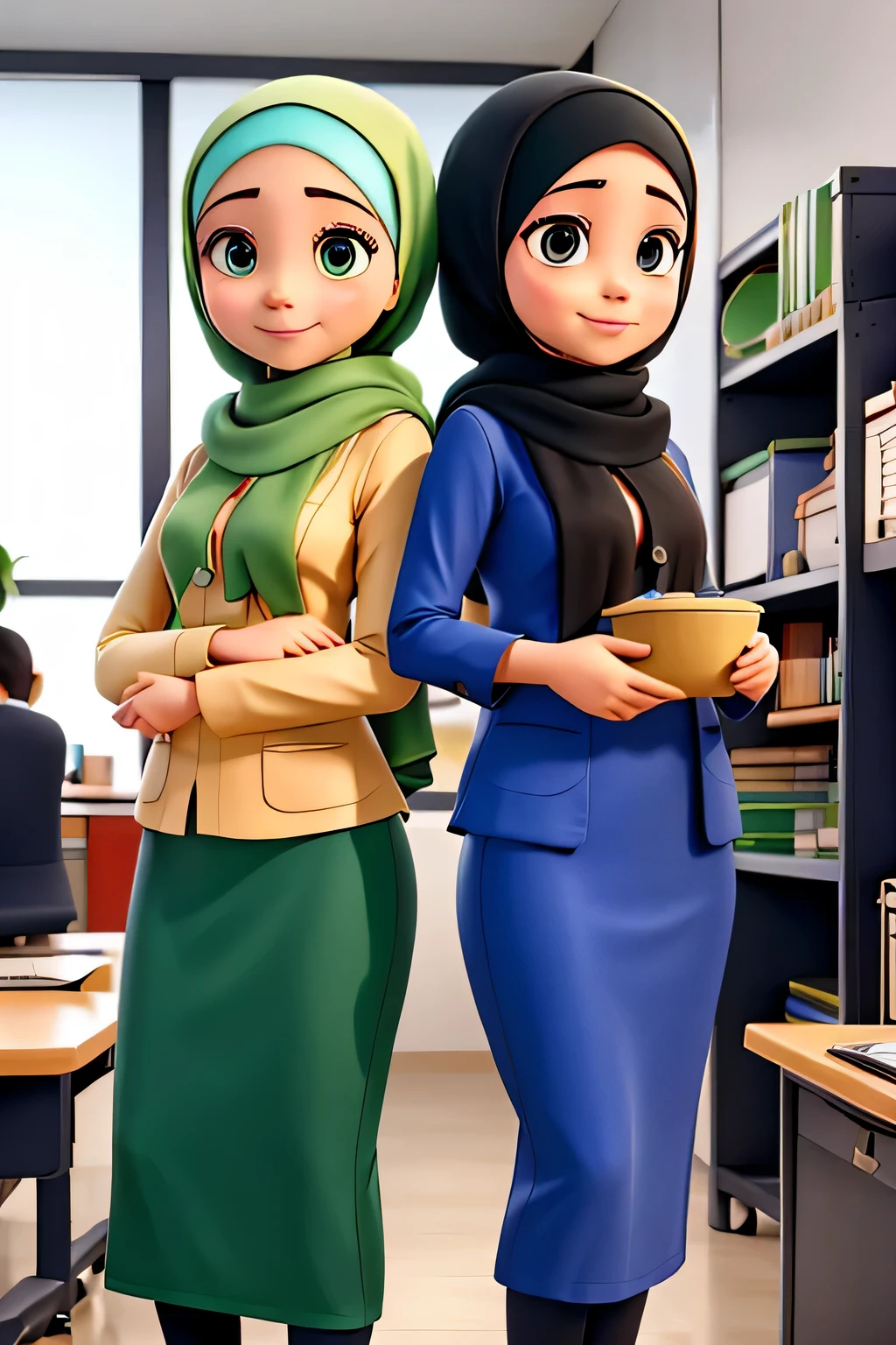two office girls wearing scarp / tudung at office in hari raya pusa