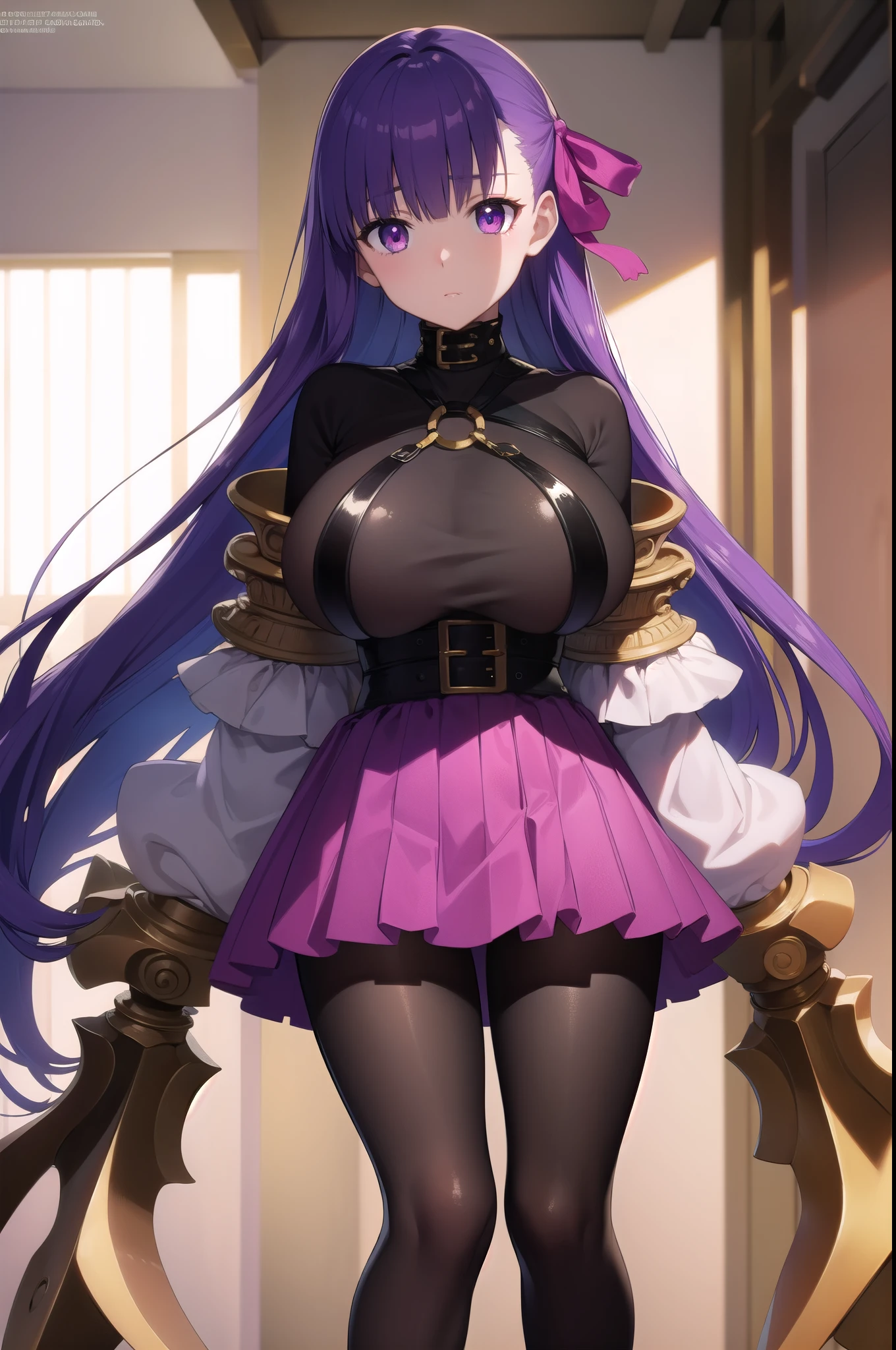 passionlip, passionlip, gigantic breasts, hair ribbon, long hair, pink ribbon, purple hair, ribbon, (purple eyes:1.1),
BREAK claw (weapon), claws, collar, pantyhose, talons,
BREAK looking at viewer,
BREAK indoors,
BREAK (masterpiece:1.2), best quality, high resolution, unity 8k wallpaper, (illustration:0.8), (beautiful detailed eyes:1.6), extremely detailed face, perfect lighting, extremely detailed CG, (perfect hands, perfect anatomy),