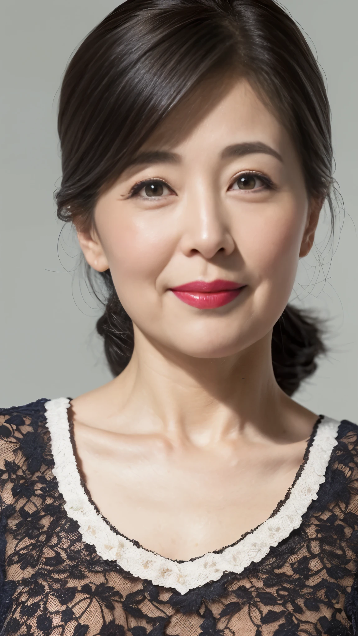 remove background, gravure, describe the lips correctly, red lipstick, from the chest up, (gray hair), Older AV actresses, highest quality, Super detailed, realistic, super dense skin, Perfect depiction of the human body, (1 Japanese mature woman), (erotic), 120 years old, big breasts, Bewitching, Glamour, sexy, pure white skin, looking at the viewer,