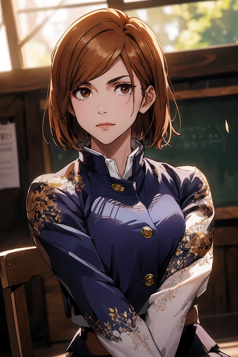 1girl, cowboy shot, beautiful Nobara, school_uniform, bangs, jacket,, volumetric lighting, best quality, masterpiece, intricate details, tonemapping, sharp focus, hyper detailed, trending on Art Station, 4k, upper body, backwards, sitting