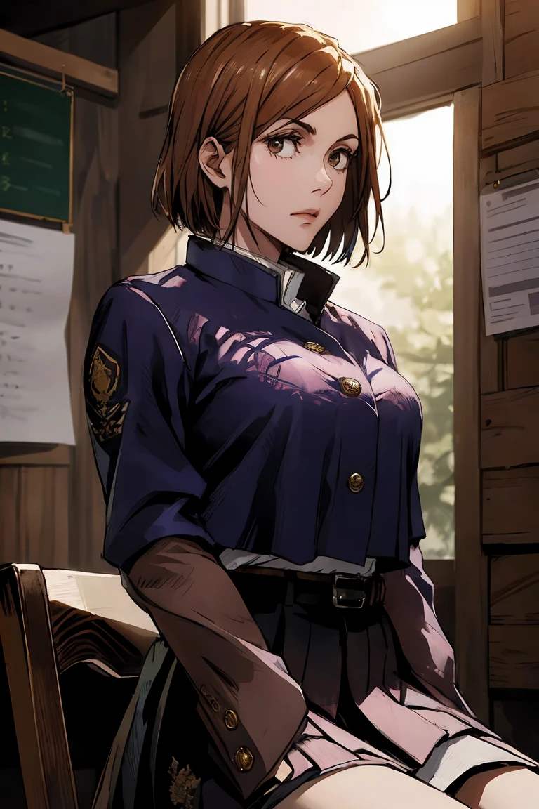 1girl, cowboy shot, beautiful Nobara, school_uniform, bangs, jacket,, volumetric lighting, best quality, masterpiece, intricate details, tonemapping, sharp focus, hyper detailed, trending on Art Station, 4k, upper body, backwards, sitting