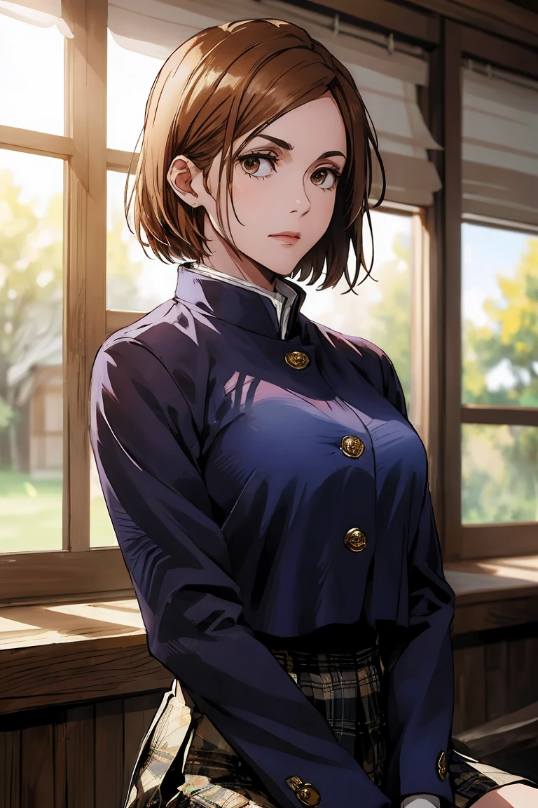 1girl, cowboy shot, beautiful Nobara, school_uniform, bangs, jacket,, volumetric lighting, best quality, masterpiece, intricate details, tonemapping, sharp focus, hyper detailed, trending on Art Station, 4k, upper body, backwards, sitting