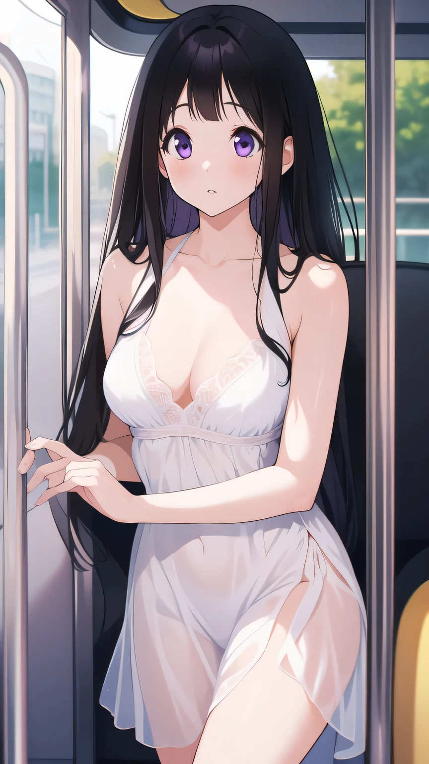 Stunning Chitanda, There is only one beautiful girl,purple eyes, black hair, Naturally straight hair, straight bangs,extremely refined,adult face,lips open,flowing long hair,Peerless beautiful girl, dreamlike,Slim,soft, (Sensual), (kawaii), Dream quality,white transparent dress,On the tram,bare shoulders,naked collarbones,bare neck,Bare thighs,Exposed groin,extremely shy,ultra high resolution, (masterpiece:1.2, best quality), (Exquisite and beautiful eyes: 1.2), (Beautiful and delicate face)