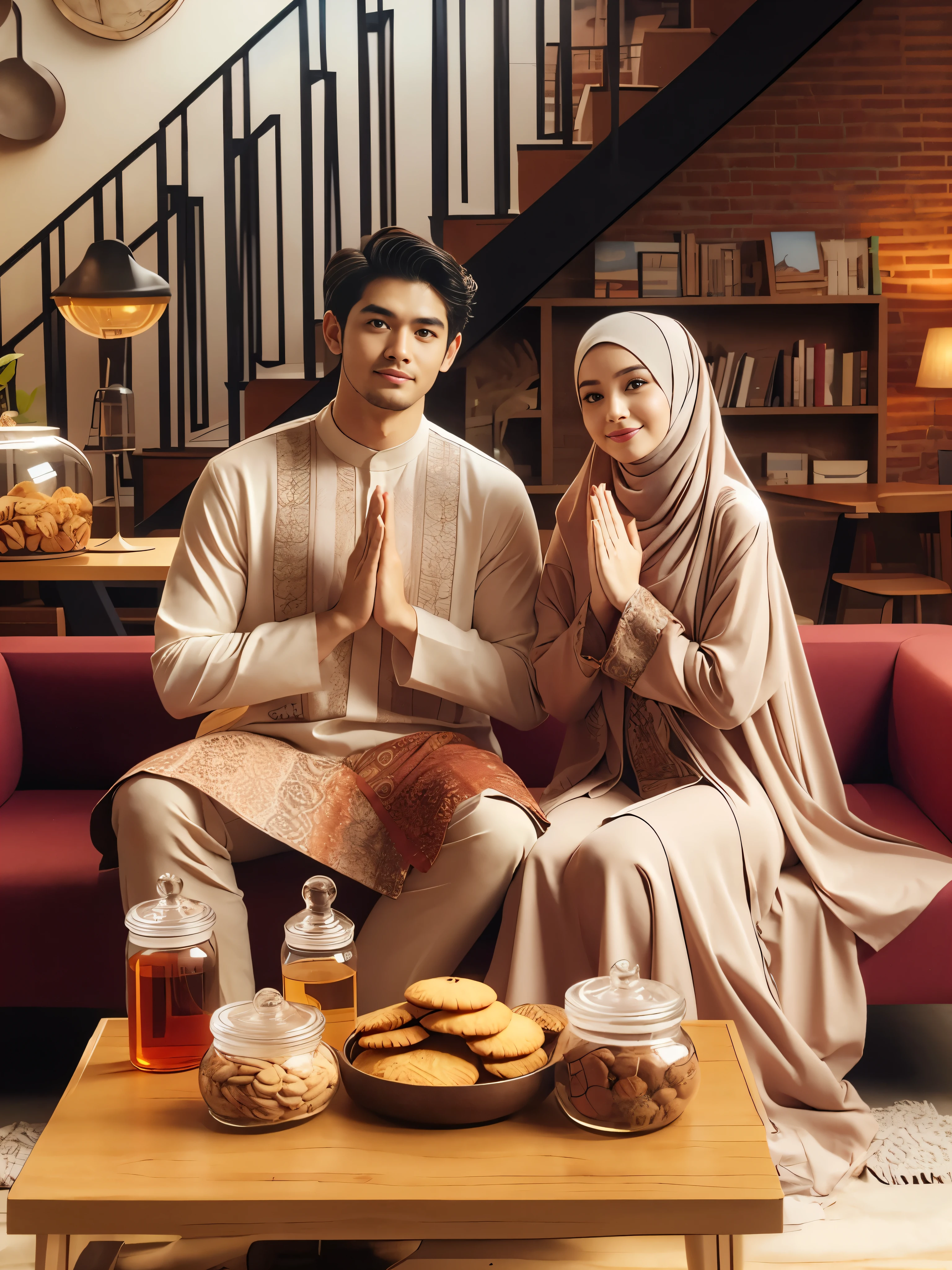 there are two people sitting on a couch with food on the table, lovely couple, couple, happy couple, muslim, portrait shot, couple pose, shutterstock, by Basuki Abdullah, istock, on wooden table, best on adobe stock, shot with canon eoa 6 d mark ii, traditional clothes, romantic couple, mid shot portrait, romance, islamic