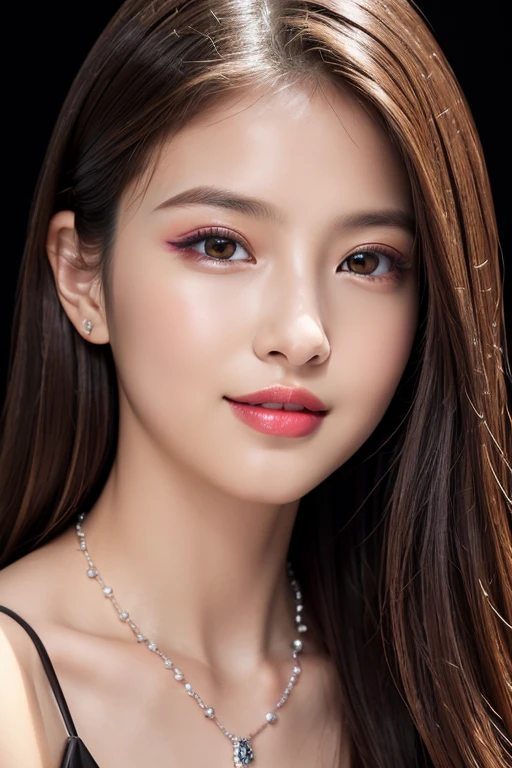 (highest quality、table top、8K、best image quality、Award-winning work)、(one young girl, 14 years old:1.3)、(red eyeshadow:1.2)、perfect makeup、long eyelashes、Super high-definition sparkling eyes、ultra high definition hair、ultra high resolution glossy lips、Super high resolution perfect teeth、Super high resolution cute face、brown hair、(very long straight hair:1.1)、look at me and smile、[clavicle]、accurate anatomy、(close up of face:1.5)、(((professional lighting:1.2)))、Super high-resolution glossy and moisturized face、Super high resolution glowing skin、most detailed face、Ultra high resolution detailed faces、ultra high resolution hair、Super high resolution sparkling eyes、Beautiful face drawn in every detail、Super high resolution glossy red lips、(((Elegant dress 1.5)))、(((necklace1.5)))、(((Black Background 1.5)))、