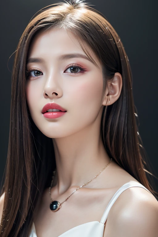 (highest quality、table top、8K、best image quality、Award-winning work)、(one young girl, :1.3)、(red eyeshadow:1.2)、perfect makeup、long eyelashes、Super high-definition sparkling eyes、ultra high definition hair、ultra high resolution glossy lips、Super high resolution perfect teeth、Super high resolution cute face、brown hair、(very long straight hair:1.1)、look at me and smile、[clavicle]、accurate anatomy、(close up of face:1.5)、(((professional lighting:1.2)))、Super high-resolution glossy and moisturized face、Super high resolution glowing skin、most detailed face、Ultra high resolution detailed faces、ultra high resolution hair、Super high resolution sparkling eyes、Beautiful face drawn in every detail、Super high resolution glossy red lips、(((Elegant dress 1.5)))、(((necklace1.5)))、(((Black Background 1.5)))、