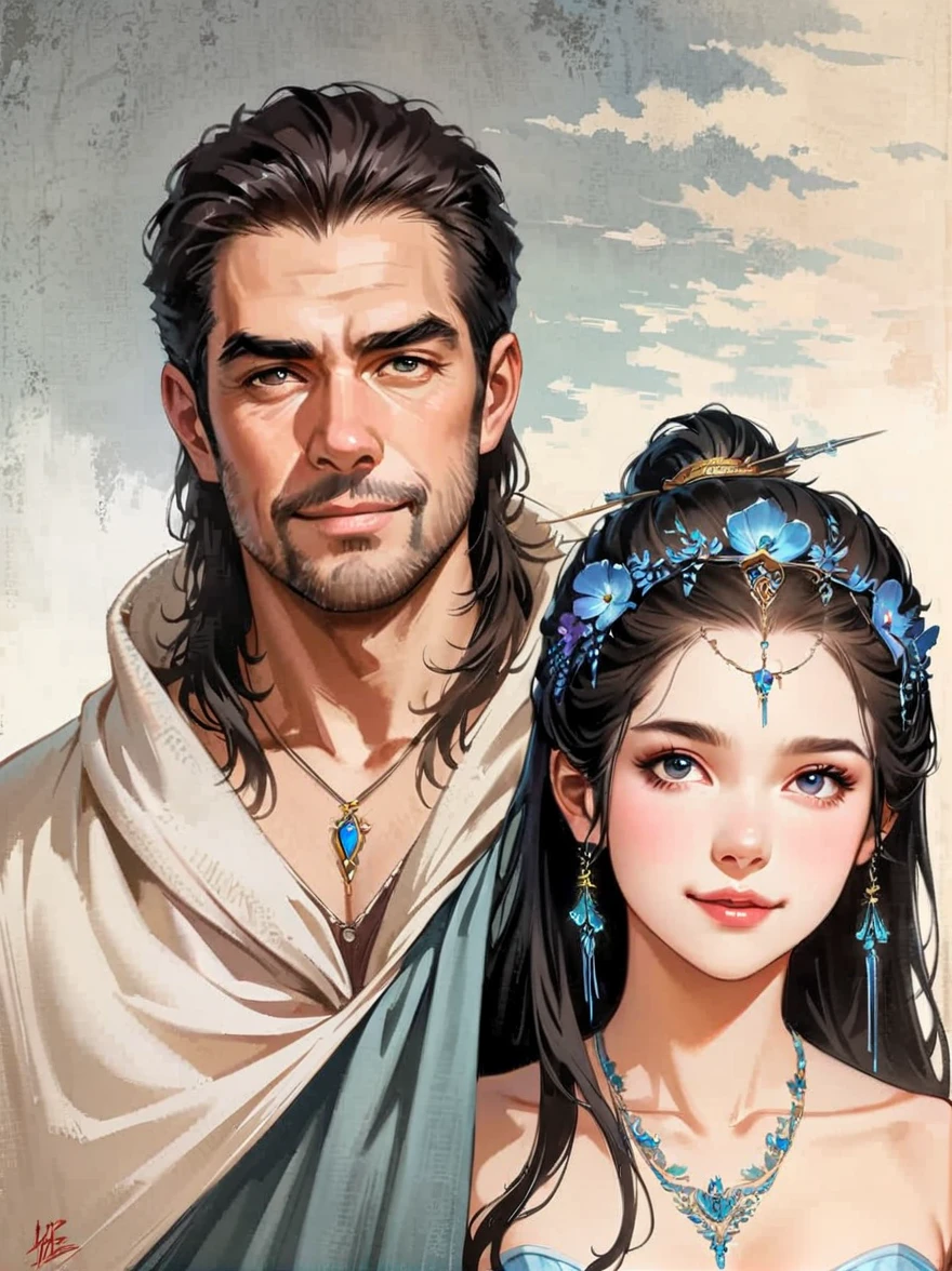 Couple (((male)), fashion shoot, (full portrait), (half), solo, detailed background, detailed face, (stonepunkAI, stone theme:1.1), wise, (beautiful hair, braid: 0.2), shaman, septum harsh, mysterious, (gorgeous face), stunning, head tilted up, (calm expression), calm, intimate interaction, sea bubble green worn clothes, rosary, Tribal ornaments, feathers in hair, headdress: 0.33, emerald, obsidian, detailed clothes, realistic skin texture, (floating particles, water swirls, embers, rituals, whirlwinds, wind: 1.2), clear focus, volumetric lighting, good highlights, good shadows, subsurface scattering, complex, highly detailed, ((film)), dramatic, (highest quality, award-winning, masterpiece: 1.5), (realism: 1.5),