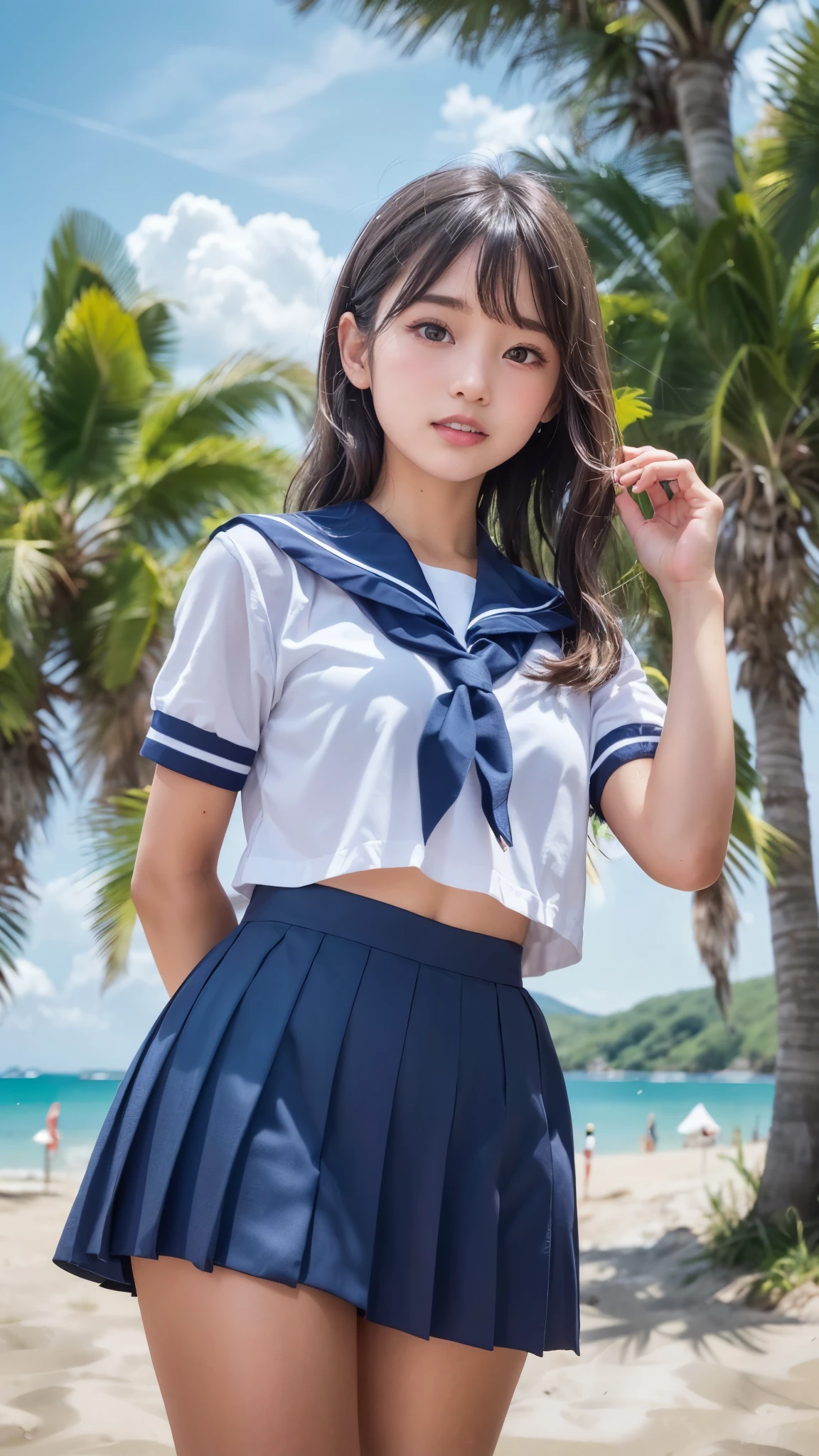 (best quality, 8k, 32k, masterpiece, UHD:1.2), (RAW photo), (realistic), (photorealistic:1.2), (high resolution), huge filesize, ultra-detailed, extremely beautiful face & eyes, 1girl, japanese elementary school student,14yo, 13yo, 12yo, round small face, baby face, thin waist, beautiful belly skin, large breasts, slim proportions, perfect thin thighs, small butt, (darkblue pleated mini skirt, japanese sailor, sailor fuku, serafuku, japanese school sailor suit, sailor red neckerchief), nice hands, perfect hands, accurate hand depiction, sweaty, shy smile, pure white teeth, from below, (blue sky, summer, sun, beach, palm tree, outdoors),