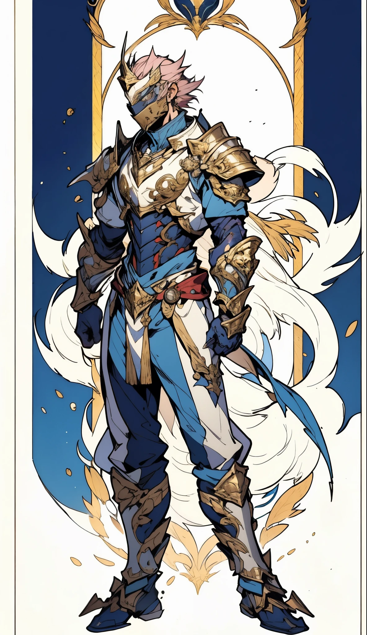 A man with short golden hair slicked back, his face entirely obscured by a Dynastinae concept mask, full mask, cold gaze, clad in an indigo blue fantasy-style Dynastinae concept chest plate, his arms and legs are clad in matching armor, he wears a white undershirt and trousers with golden stripes, standing within a magnificent fantasy-style palace, this character embodies a finely crafted fantasy-style masked light armor warrior in anime style, exquisite and mature manga art style, high definition, best quality, highres, ultra-detailed, ultra-fine painting, extremely delicate, professional, perfect body proportions, golden ratio, anatomically correct, symmetrical face, extremely detailed eyes and face, high quality eyes, creativity, RAW photo, UHD, 32k, Natural light, cinematic lighting, masterpiece-anatomy-perfect, masterpiece:1.5