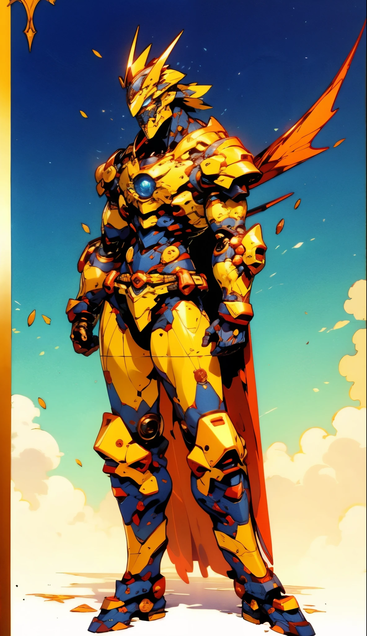 A man with short golden hair slicked back, his face entirely obscured by a Dynastinae concept mask, full mask, cold gaze, clad in an indigo blue fantasy-style Dynastinae concept chest plate, his arms and legs are clad in matching armor, he wears a white undershirt and trousers with golden stripes, standing within a magnificent fantasy-style palace, this character embodies a finely crafted fantasy-style masked light armor warrior in anime style, exquisite and mature manga art style, high definition, best quality, highres, ultra-detailed, ultra-fine painting, extremely delicate, professional, perfect body proportions, golden ratio, anatomically correct, symmetrical face, extremely detailed eyes and face, high quality eyes, creativity, RAW photo, UHD, 32k, Natural light, cinematic lighting, masterpiece-anatomy-perfect, masterpiece:1.5