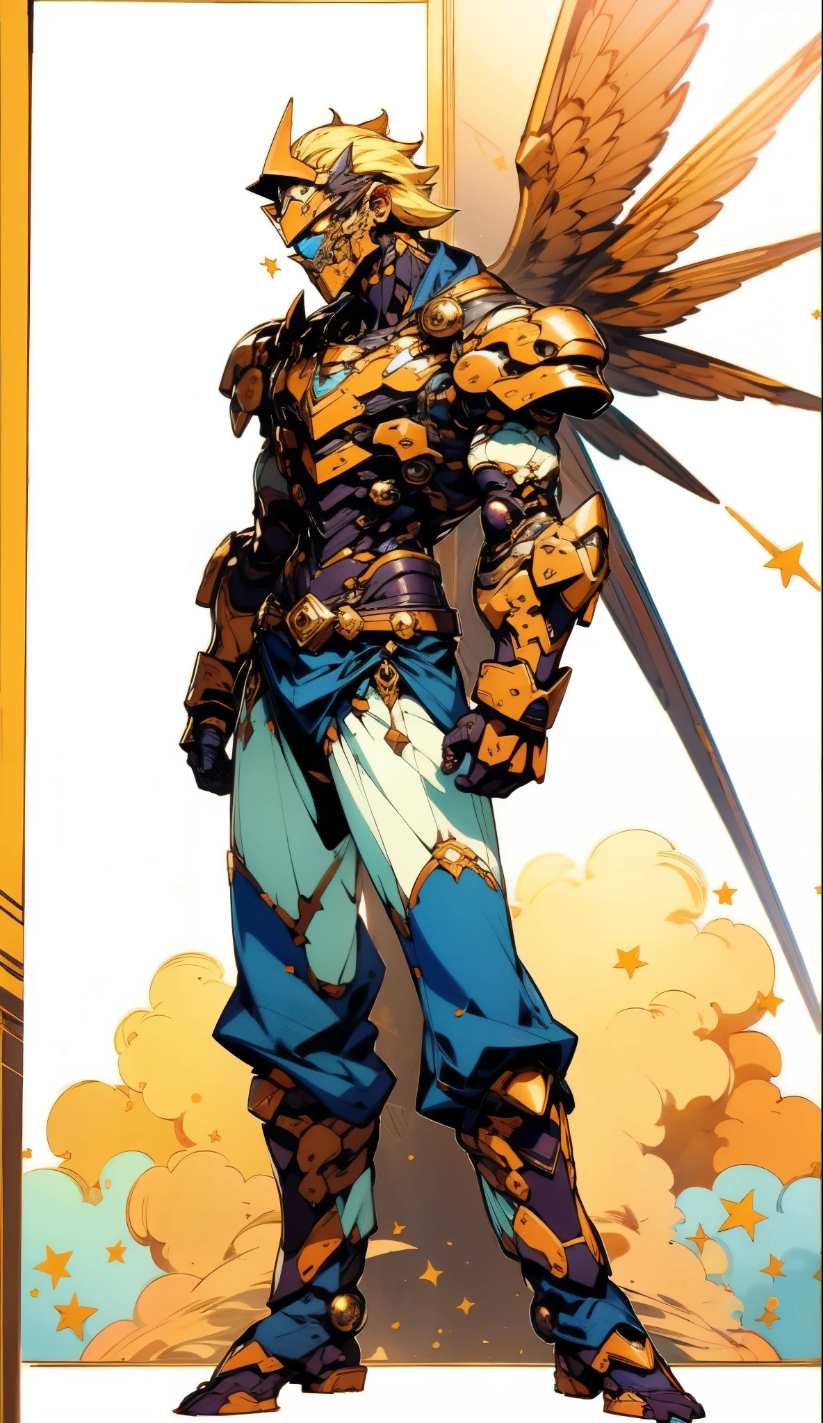 A man with short golden hair slicked back, his face entirely obscured by a Dynastinae concept mask, full mask, cold gaze, clad in an indigo blue fantasy-style Dynastinae concept chest plate, his arms and legs are clad in matching armor, he wears a white undershirt and trousers with golden stripes, standing within a magnificent fantasy-style palace, this character embodies a finely crafted fantasy-style masked light armor warrior in anime style, exquisite and mature manga art style, high definition, best quality, highres, ultra-detailed, ultra-fine painting, extremely delicate, professional, perfect body proportions, golden ratio, anatomically correct, symmetrical face, extremely detailed eyes and face, high quality eyes, creativity, RAW photo, UHD, 32k, Natural light, cinematic lighting, masterpiece-anatomy-perfect, masterpiece:1.5