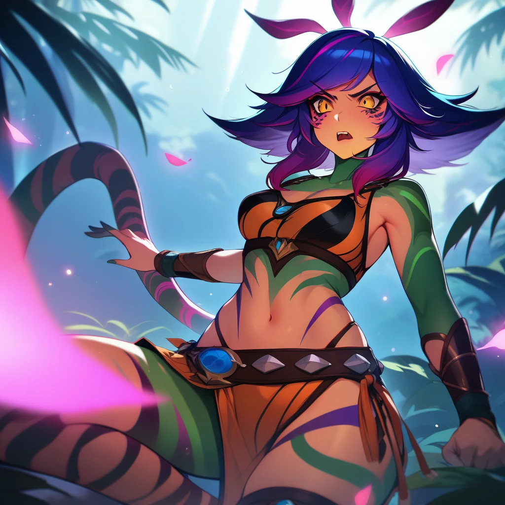 masterpiece, high quality, neeko, warrior, angry, jungle background, fierce tiger