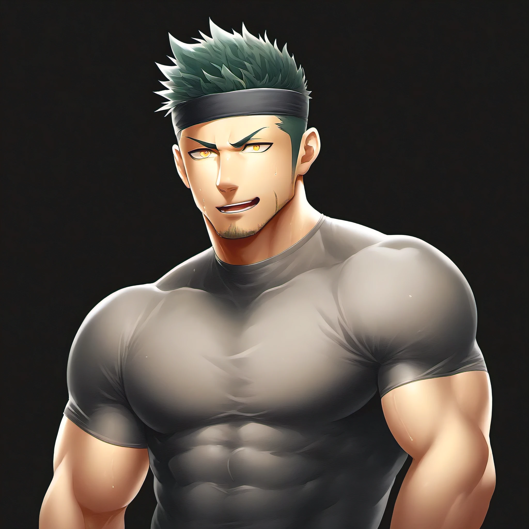 anime characters:priapus, ung muscular man, male focus, Sporty black headband, Off-white high collar tight T-shirt, Very sheer tights, Sweat soaked tights, muscular male, muscular, bara, Upper body, alone, white short hair, stubble, yellow eyes, blink, black background, Simple background, amazing quality, best aesthetics, ridiculous, bright pupils, short hair, naughty face, torogao, open lips, best quality