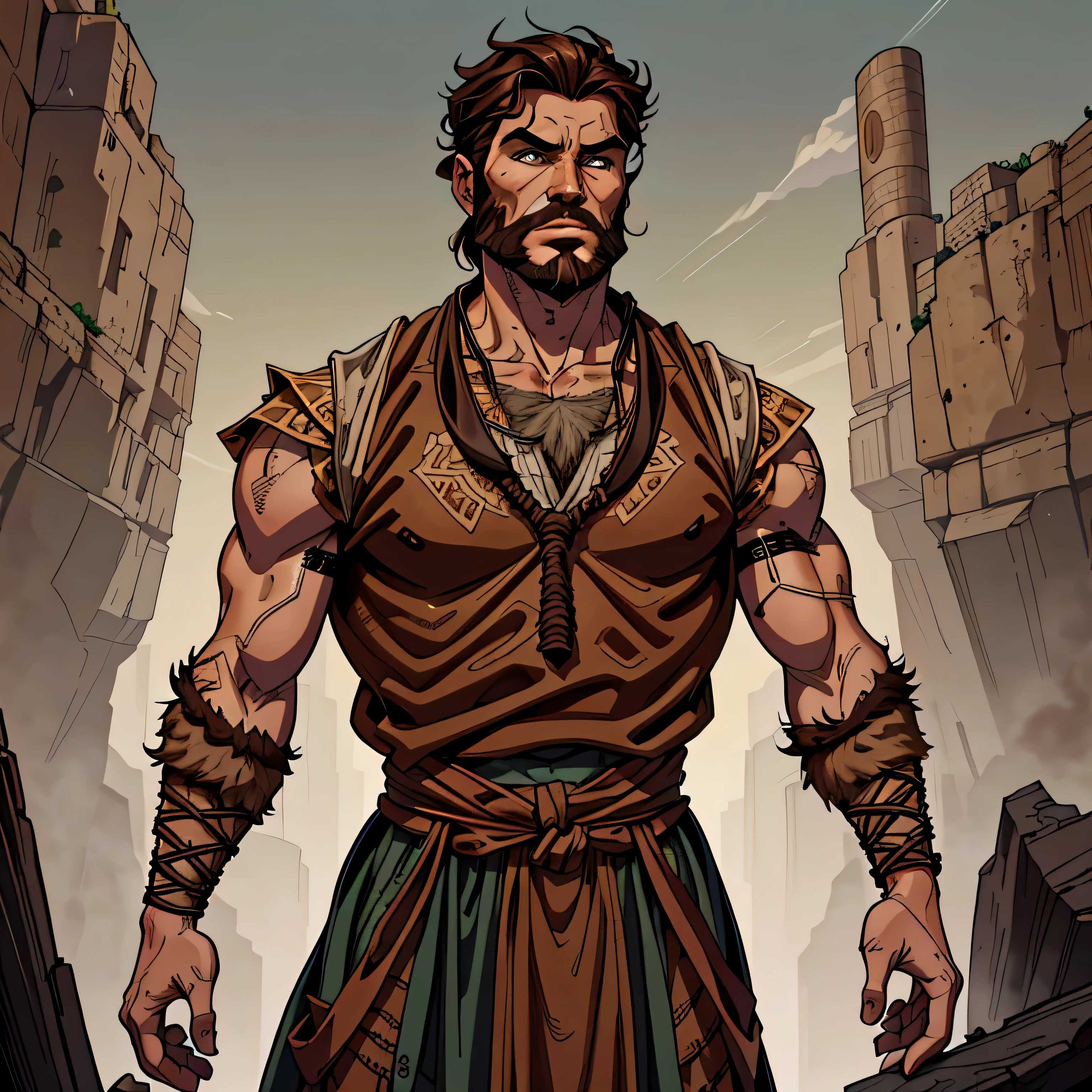 best quality image, man, Hebrew, slim, 40s, short curly black hair, beard, standing in a square, with an ox yoke around his neck Hebrew biblical style, looking forward, biblical style, Hebrew