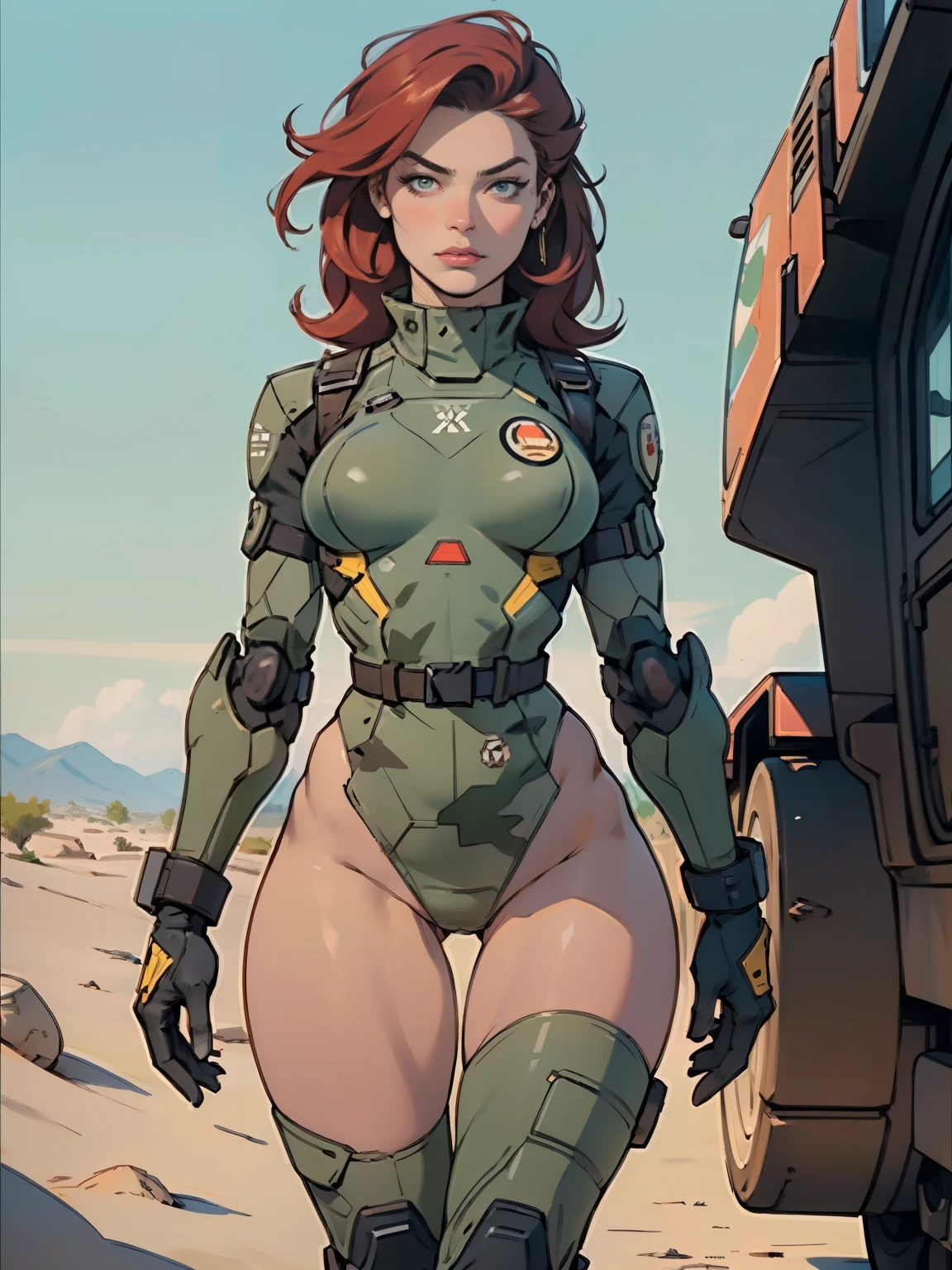 1woman 20 years old, military, beautiful, perfect body, realistic, red hair, perfect body, thin waist,  , large breasts, slim thighs, desert background, armored vehicle, flying fighters, military robot dog, camouflaged uniform, wealth of details, tight panties, marking on the front, slender knees, highly detailed, high resolution, prefect hands, slender thighs, show knees, thigh gap, alert eyes