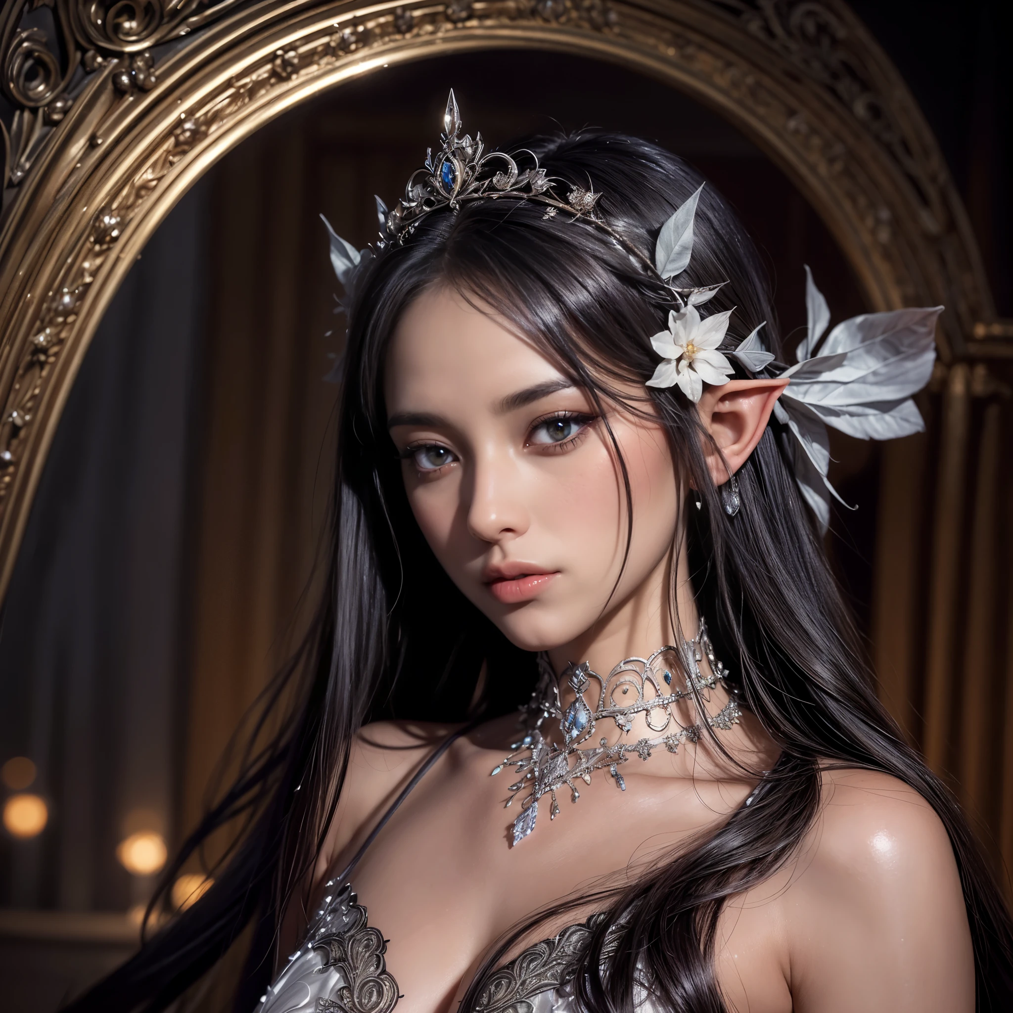((hyperrealistic, photorealistic, 8k, intricate details, cinematic quality)), the portrait of a beautiful dark elf inside a circle, beautiful, with full lips, pale white silky skin, beautiful eyes, straight hair with bangs, wearing a dress elegant tank top, with a crown of black flowers and thorns head with a shell little bats flying around, and in the background an orange sky (dusk) with scattered gray clouds, and around the picture insects and beetles, beautiful dark elf at dusk, a cursed elf full of beauty, the portrait of an elf goddess of twilight.