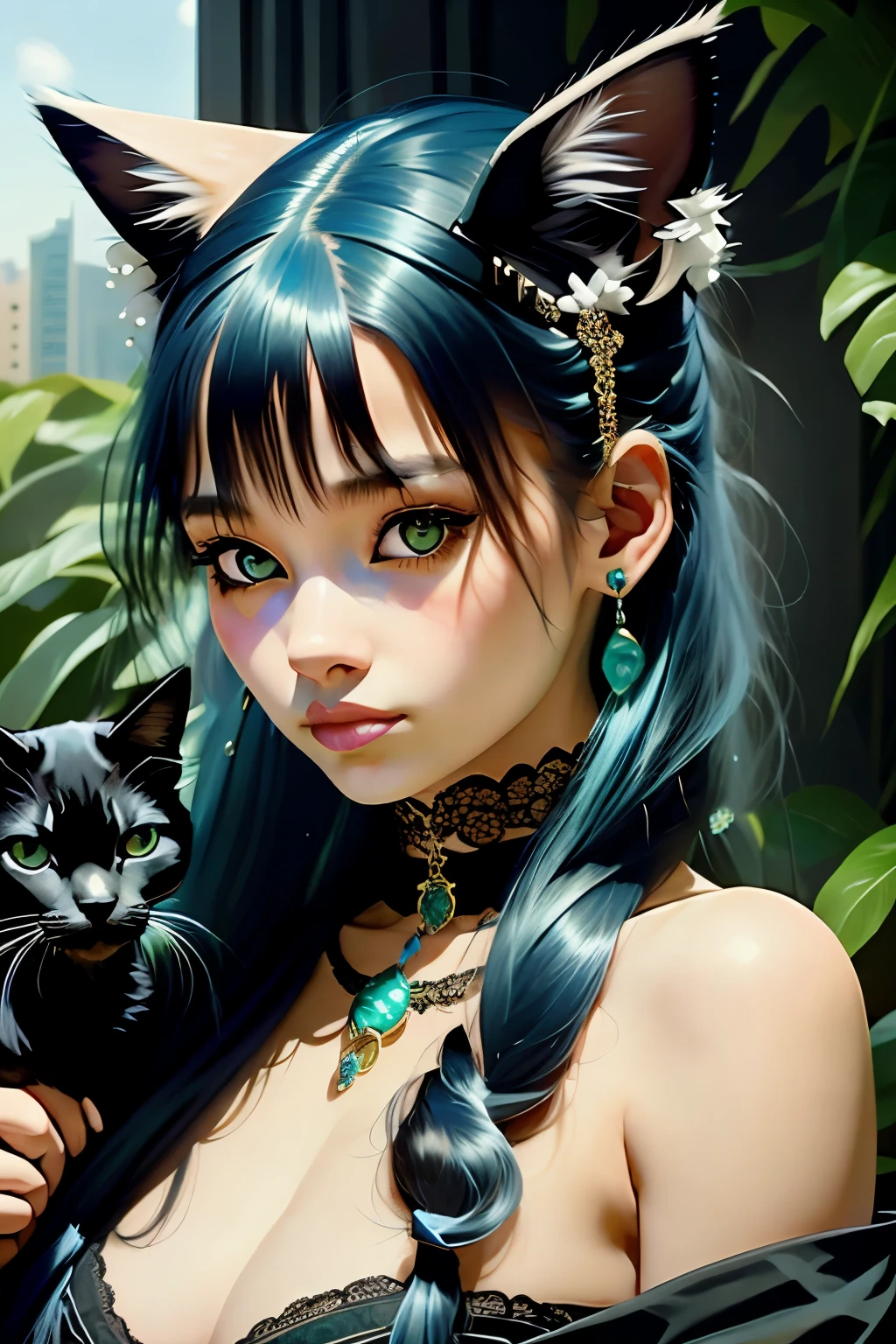 1girl, facing the camera, solo, long hair, slight smile, green eyes, tattoos, blue jewelry, closed mouth, black hair, earrings, lace chocker, blue lips, animal, she holds a white cat, cat, looking up, portrait, freckles, on head, animal on head, cat on her head,