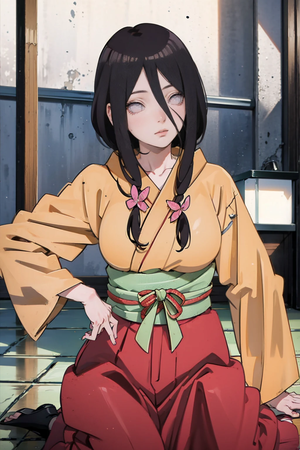 tmasterpiece, hoang lap , (Complicated details), (rich colourful), movie lighting, bust, the Extremely Detailed CG Unity 8K Wallpapers , Hinata flower ratio, 1girll, solo, orange kimono, Red hakama skirt, obi strip, Wide sleeves, looking at viewert, ventania, Combat posture, Low hair tied long,dinamic poses, lilac eyes, sitting oh the floor
