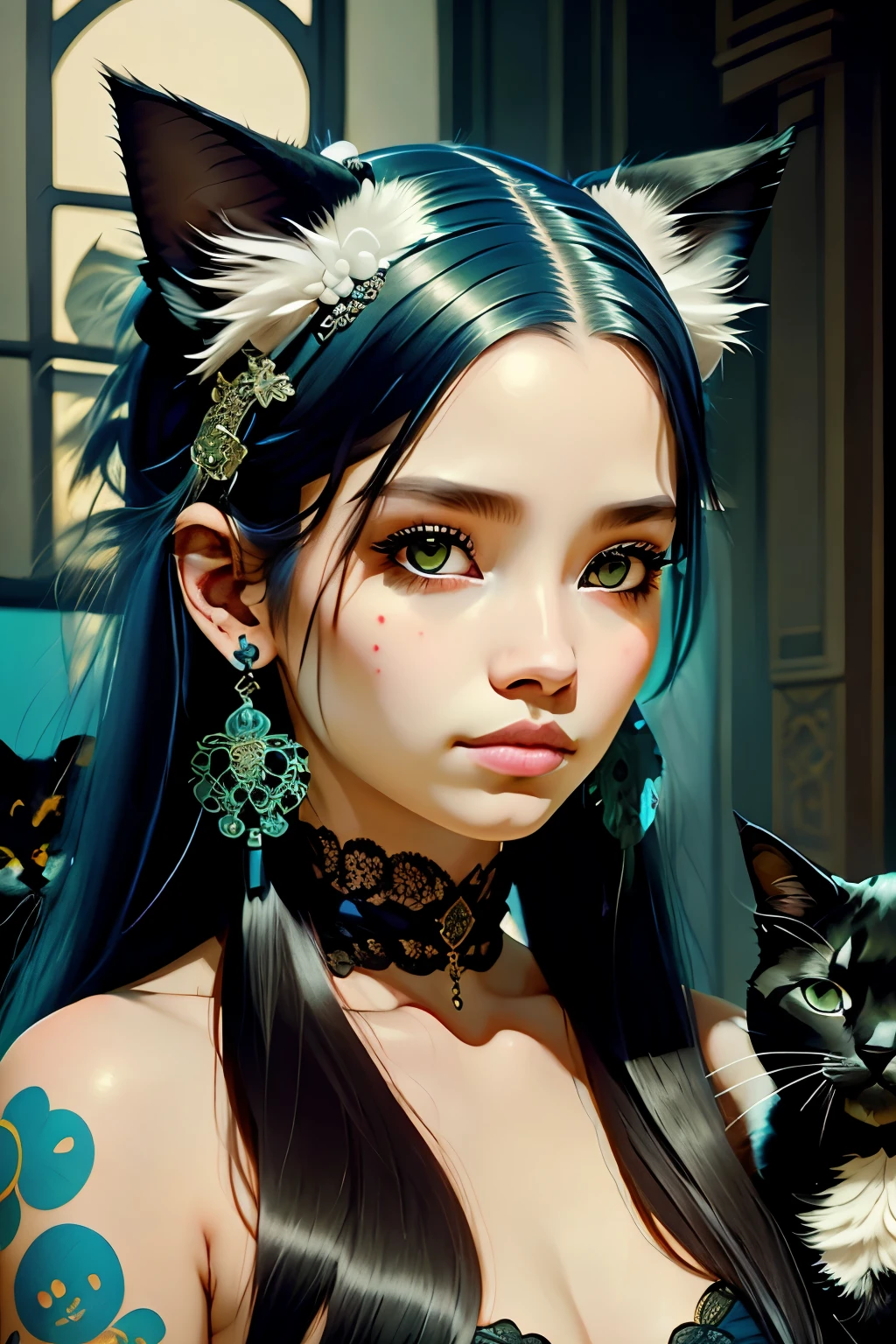 1girl, facing the camera, solo, long hair, slight smile, green eyes, tattoos, blue jewelry, closed mouth, black hair, earrings, lace chocker, blue lips, animal, she holds a white cat on her head, cat, looking up, portrait, freckles, on head, animal on head, cat on her head,