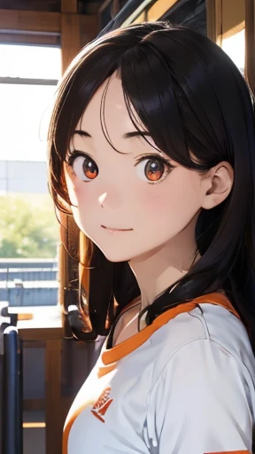 highest quality、realistic、Japanese、girl、whole body、look at the camera、cute、orange eyes、long hair、black hair、all back、Forehead is coming out、playground、Jersey、Gym suit、arms folded、Standing in honor