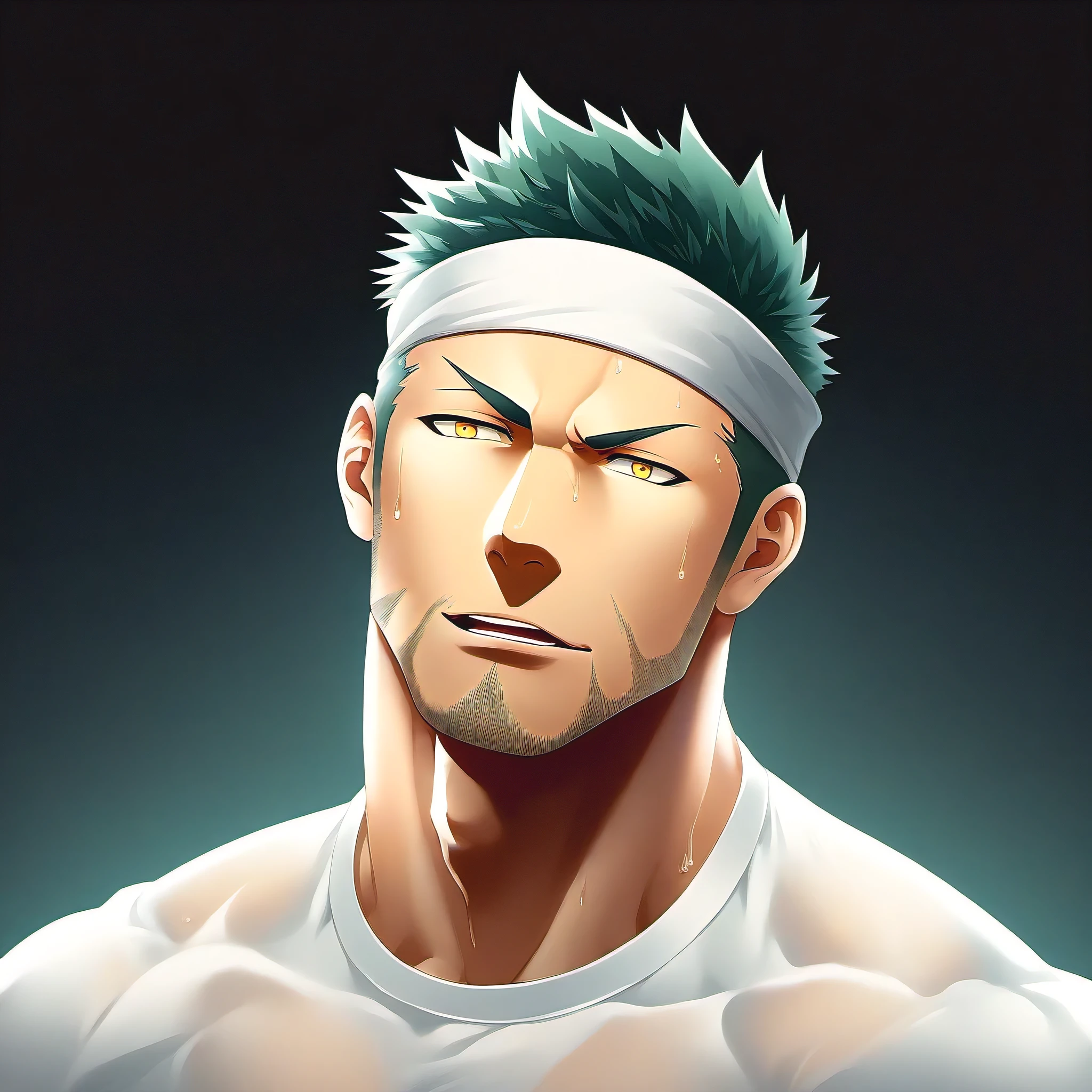 anime characters：priapus, 1 young muscular man, male focus, Sporty black headband, Off-white high collar tight T-shirt, Very sheer tights, Sweat soaked tights, muscular male, muscular, bara, Upper body, alone, white short hair, stubble, yellow eyes, blink, black background, Simple background, amazing quality, best aesthetics, ridiculous, bright pupils, short hair, naughty face, torogao, open lips, best quality