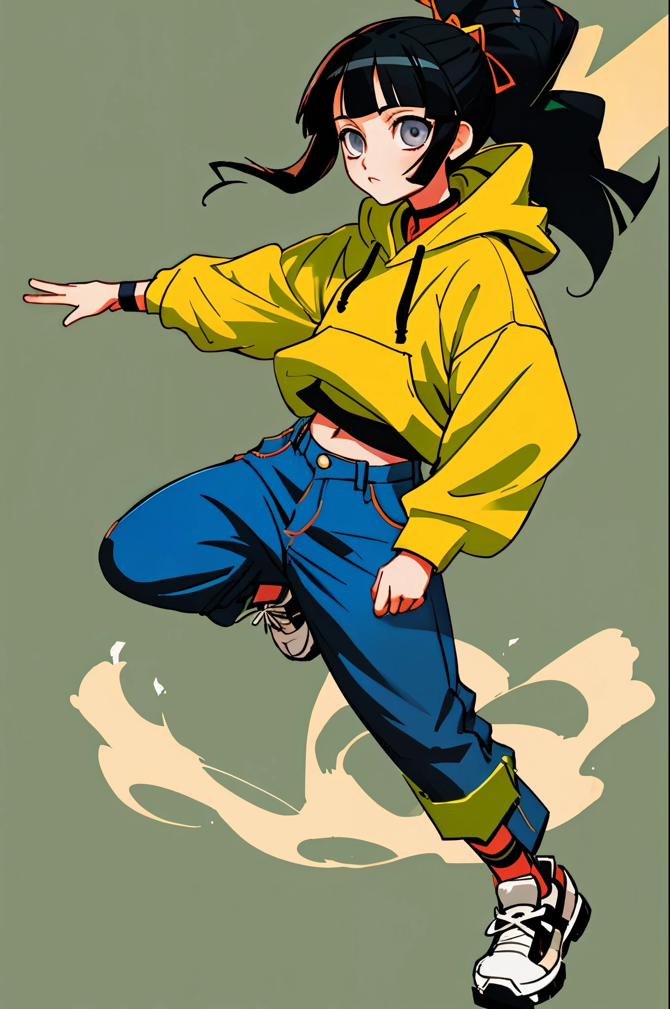 (best quality, masterpiece), 1girl, kimetsu no yaiba art style, masterpiece, best quality, 1girl, (solo:1.5) , black hair, blunt bangs, long straight hair, grey eyes, hoodie, jeans, sneakers. holding a sword, simple background, illustration, simple background, good composition, dynamic pose.
