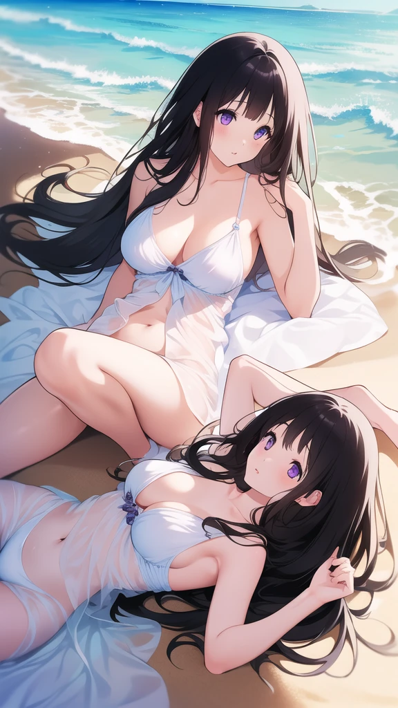Stunning Chitanda, There is only one beautiful girl,purple eyes, black hair, Naturally straight hair, straight bangs,extremely refined,adult face,lips open,flowing long hair,Peerless beautiful girl, dreamlike,Slim,soft, (Sensual), (kawaii), Dream quality,on the beach,Lying down,Areola,bare shoulders,naked collarbones,bare neck,Bare thighs,Exposed groin,camel toe,extremely shy,ultra high resolution, (masterpiece:1.2, best quality), (Exquisite and beautiful eyes: 1.2), (Beautiful and delicate face)