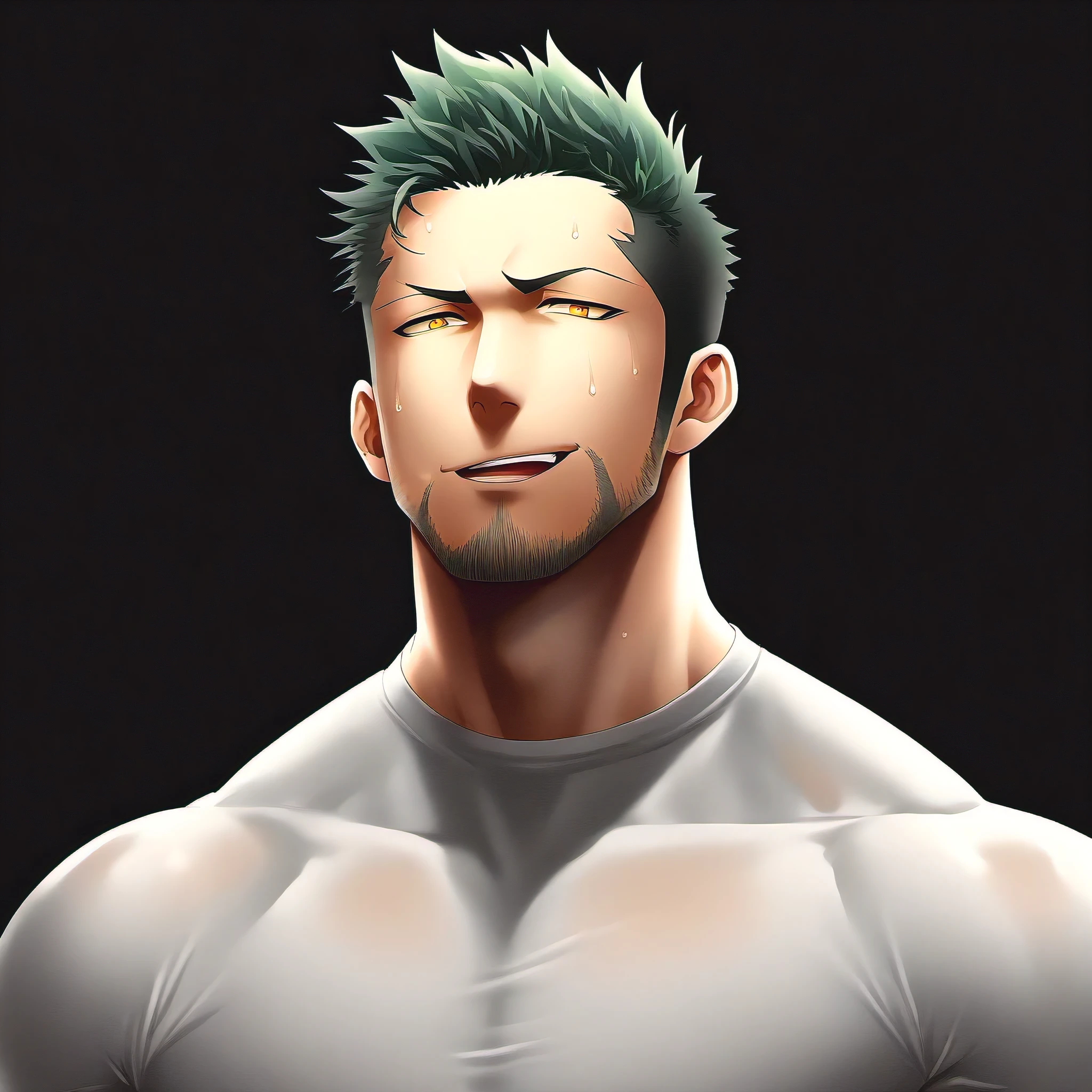 anime characters：priapus, 1 young muscular man, male focus, Sporty black headband, Dark Grey high collar tight T-shirt, Very sheer tights, Sweat soaked tights, muscular male, muscular, bara, Upper body, alone, white short hair, stubble, yellow eyes, blink, black background, Simple background, amazing quality, best aesthetics, ridiculous, bright pupils, short hair, naughty face, torogao, open lips, best quality