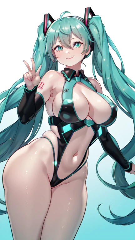 1 girl, Hatsune Miku, Simple background, Smile ,huge breasts:1.4