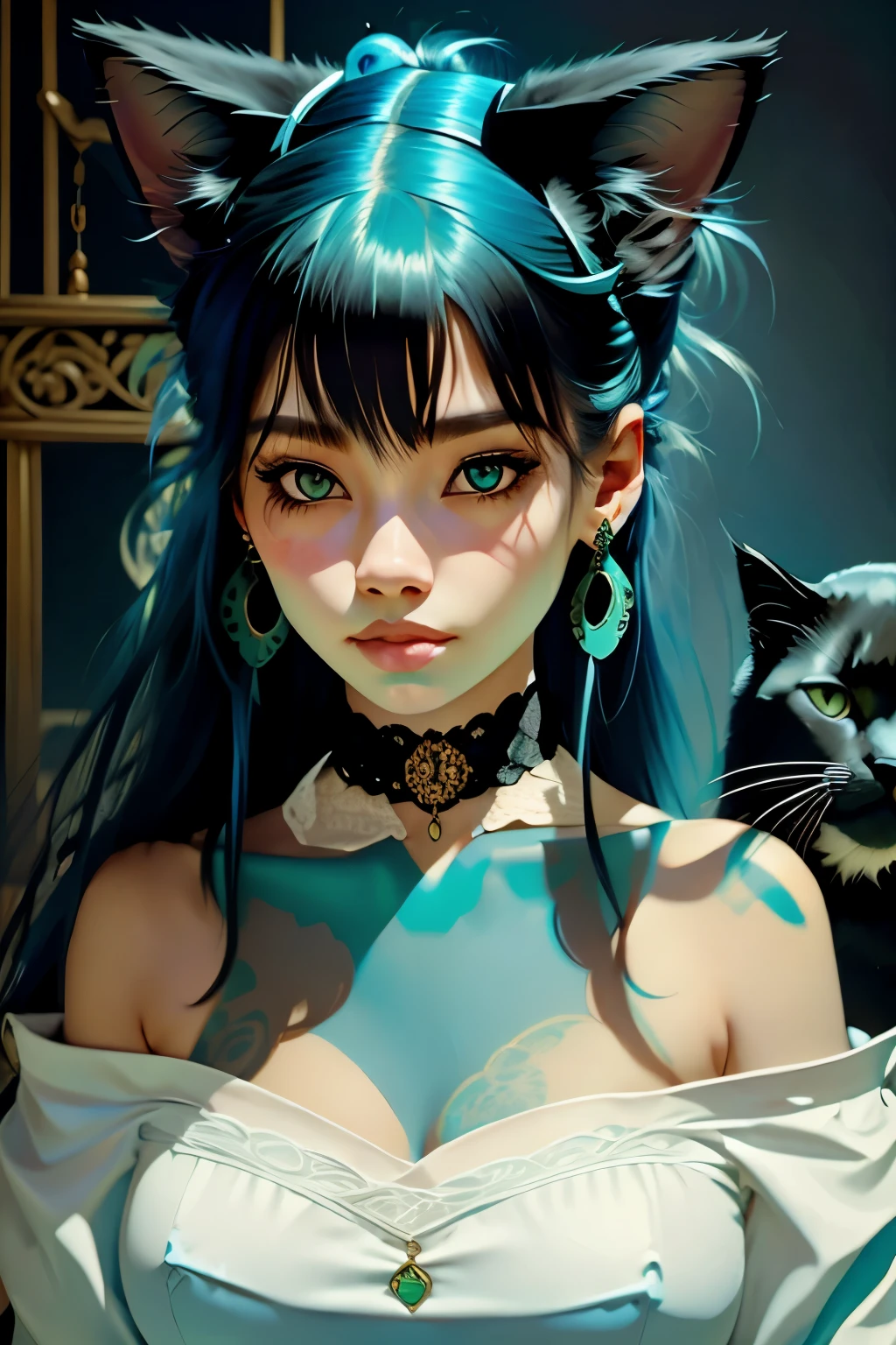 1girl, facing the camera, solo, long hair, slight smile, green eyes, tattoos, blue jewelry, closed mouth, black hair, earrings, lace chocker, blue lips, animal, she holds a white cat on her head, cat, looking up, portrait, freckles, on head, animal on head, cat on her head,