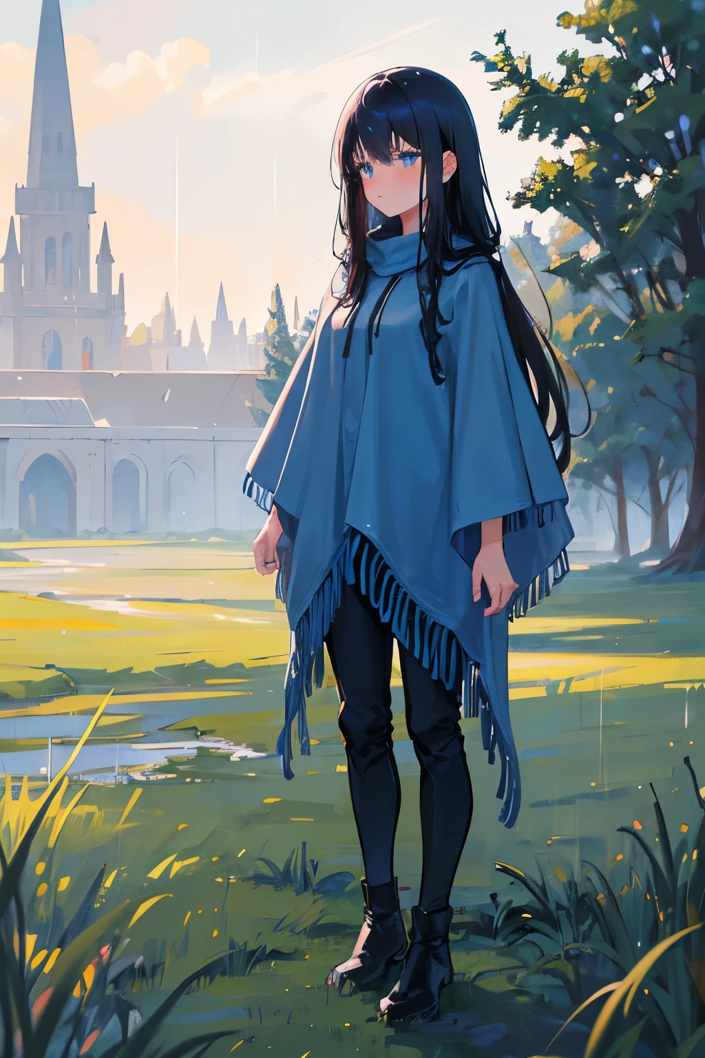 1girl, Black straight long hair, blue eyes, (Detailed face), Full body, ((intense Blue rain poncho)), medieval, (Grasslands bakcground), masterpiece, black pants, (cute face), (blush), nervous expresion