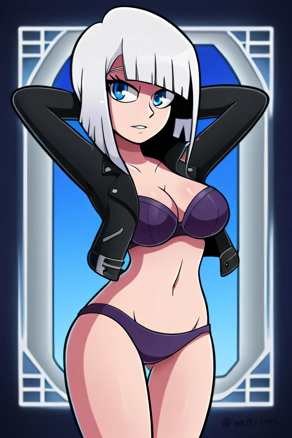 An attractive sexy delinquent girl short white hair Mencho her head her blue eyes she wears a black leather jacket underneath a heavy purple bra and navel and a panties with blue lines of fabric that covers from her knees down and background place of Mexico towers church