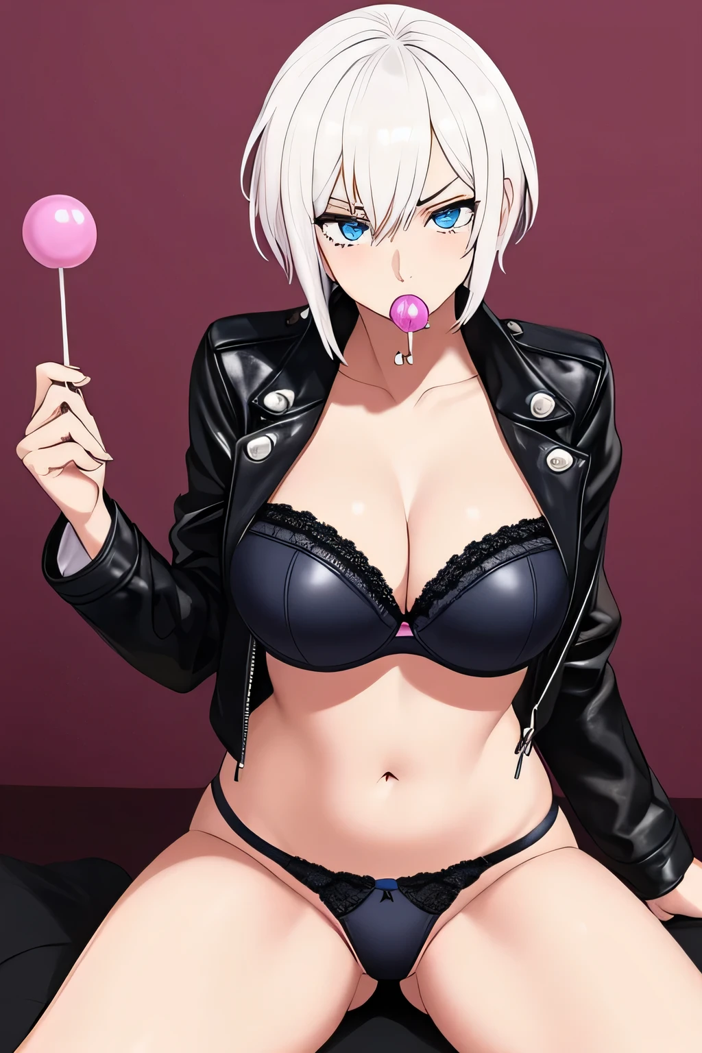 An attractive sexy delinquents girl short white albino hair Mencho her head her blue eyes sucking sweet lollipops she wears short metallic delinquents black leather jacket underneath a heavy purple bra showing navel and a panties with blue lines of fabric that covers from her knees down