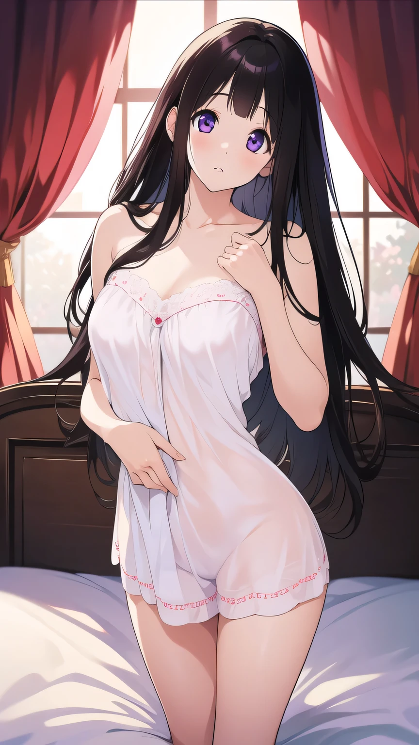 Stunning Chitanda, There is only one beautiful girl,purple eyes, black hair, Naturally straight hair, straight bangs,extremely refined,adult face,lips open,flowing long hair,Peerless beautiful girl, dreamlike,Slim,soft, (Sensual), (kawaii), Dream quality,pajamas,bed,bare shoulders,naked collarbones,bare neck,Bare thighs,Exposed groin,extremely shy,ultra high resolution, (masterpiece:1.2, best quality), (Exquisite and beautiful eyes: 1.2), (Beautiful and delicate face)