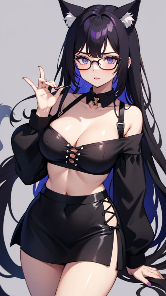 20-year-old girl,long black hair,purple hair tip,blue eyes,The chest has cat ears and is large.,fluffy cat tail,Wear black round glasses,black open shoulder shirt,Cropped waist shirt,abdomen,black very short skirt,