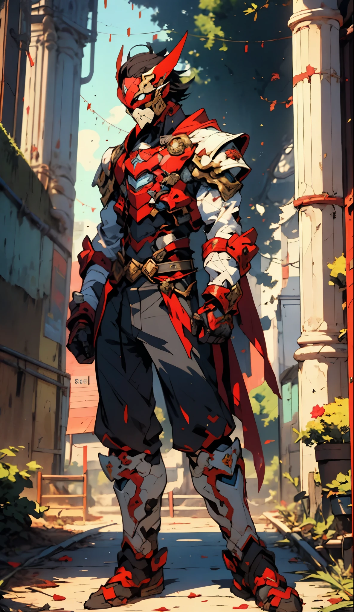 A man with short golden hair slicked back, his face entirely obscured by a Dynastinae concept mask, full mask, cold gaze, clad in an indigo blue fantasy-style Dynastinae concept chest plate, his arms and legs are clad in matching armor, he wears a white undershirt and trousers with golden stripes, standing within a magnificent fantasy-style palace, this character embodies a finely crafted fantasy-style masked light armor warrior in anime style, exquisite and mature manga art style, high definition, best quality, highres, ultra-detailed, ultra-fine painting, extremely delicate, professional, perfect body proportions, golden ratio, anatomically correct, symmetrical face, extremely detailed eyes and face, high quality eyes, creativity, RAW photo, UHD, 32k, Natural light, cinematic lighting, masterpiece-anatomy-perfect, masterpiece:1.5