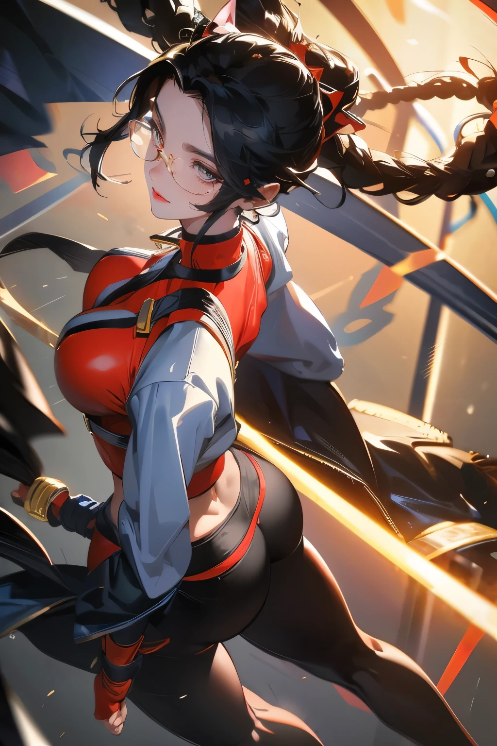 Wide angle shot, rear view, beautiful female street fighter, wearing large glasses, black undercut hair, wearing large steel knuckles