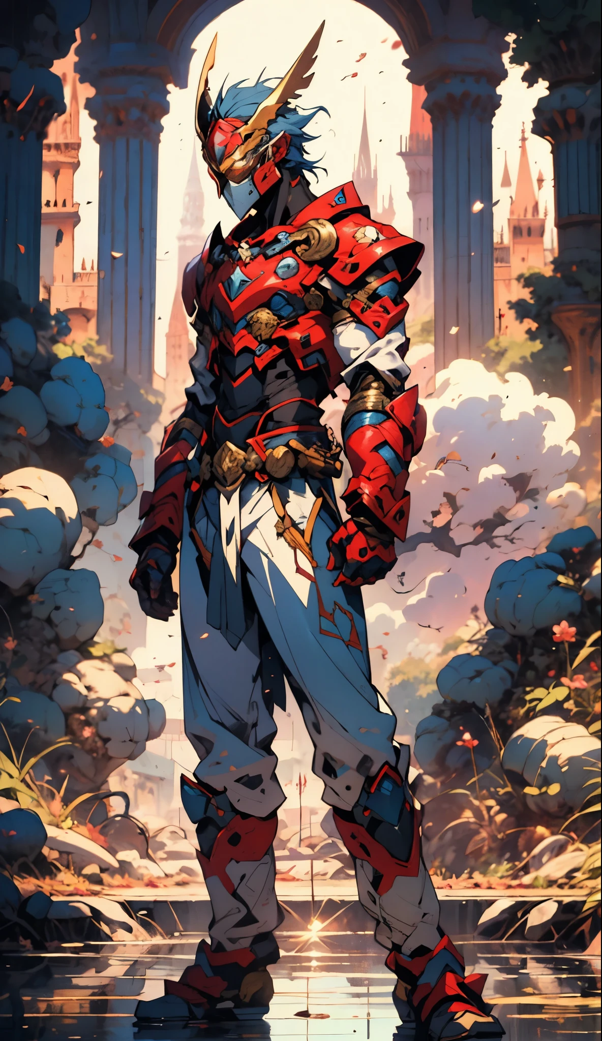 A man with short golden hair slicked back, his face entirely obscured by a Dynastinae concept mask, full mask, cold gaze, clad in an indigo blue fantasy-style Dynastinae concept chest plate, his arms and legs are clad in matching armor, he wears a white undershirt and trousers with golden stripes, standing within a magnificent fantasy-style palace, this character embodies a finely crafted fantasy-style masked light armor warrior in anime style, exquisite and mature manga art style, high definition, best quality, highres, ultra-detailed, ultra-fine painting, extremely delicate, professional, perfect body proportions, golden ratio, anatomically correct, symmetrical face, extremely detailed eyes and face, high quality eyes, creativity, RAW photo, UHD, 32k, Natural light, cinematic lighting, masterpiece-anatomy-perfect, masterpiece:1.5