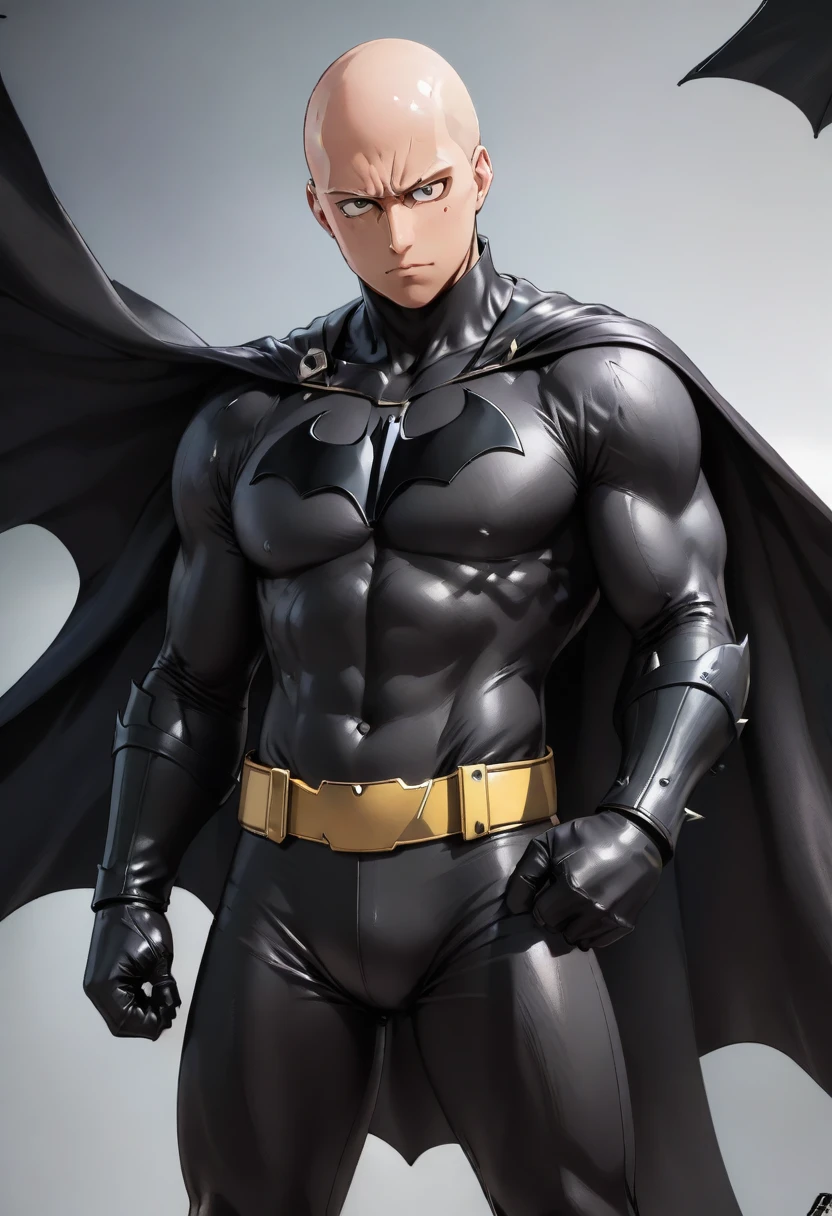 saitama, one punch man, dressed in a Batman costume, dressed as Batman, muscular, bald, intense expression, powerful aura, serious face, serious gaze, striking presence, superhero outfit, iconic costume, black cape, utility belt, bat logo, strong physique, determined stance, heroic pose, defeat any enemy with one punch, unbeatable strength, invincible hero