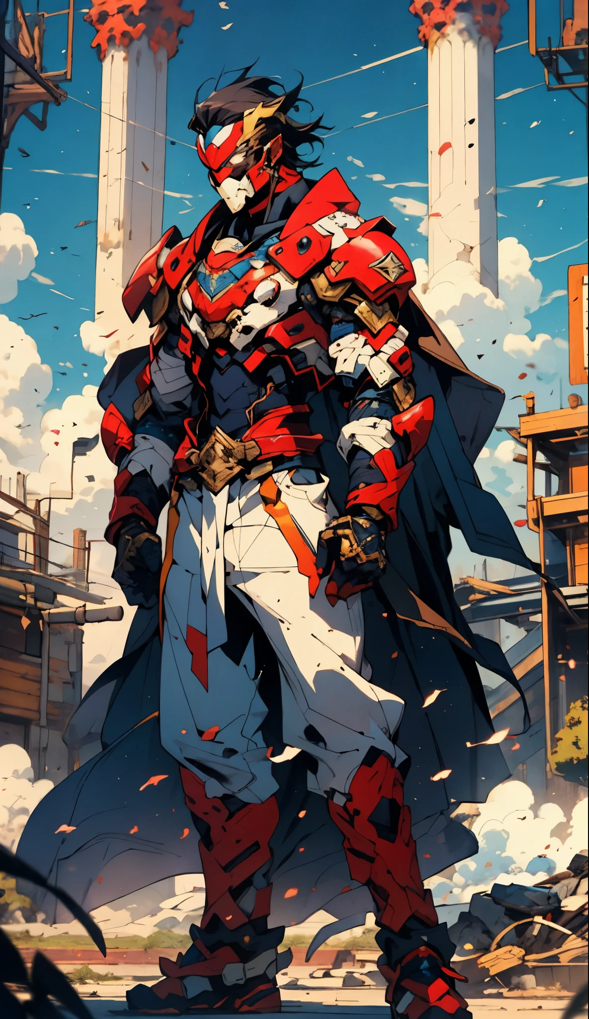A man with short golden hair slicked back, his face entirely obscured by a Dynastinae concept mask, full mask, cold gaze, clad in an indigo blue fantasy-style Dynastinae concept chest plate, his arms and legs are clad in matching armor, he wears a white undershirt and trousers with golden stripes, standing within a magnificent fantasy-style palace, this character embodies a finely crafted fantasy-style masked light armor warrior in anime style, exquisite and mature manga art style, high definition, best quality, highres, ultra-detailed, ultra-fine painting, extremely delicate, professional, perfect body proportions, golden ratio, anatomically correct, symmetrical face, extremely detailed eyes and face, high quality eyes, creativity, RAW photo, UHD, 32k, Natural light, cinematic lighting, masterpiece-anatomy-perfect, masterpiece:1.5